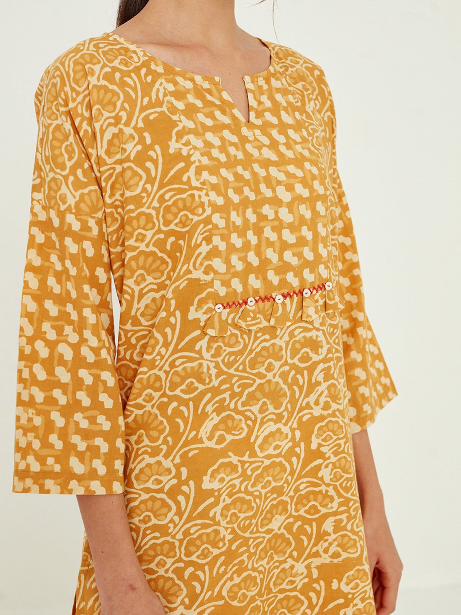 ANCESTRY Mustard Printed Straight Kurta