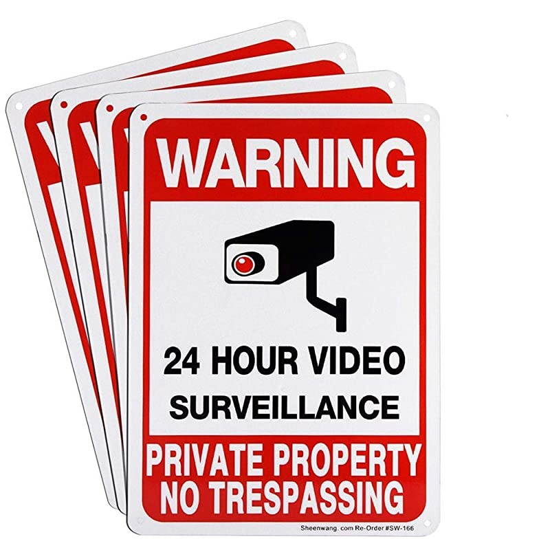 4-Pack Private Property No Trespassing Sign, Video Surveillance Signs Outdoor, UV Printed .040 Mil Rust Free Aluminum 10 x 7 in, Security Camera Sign for Home, Business, Driveway Alert, CCTV