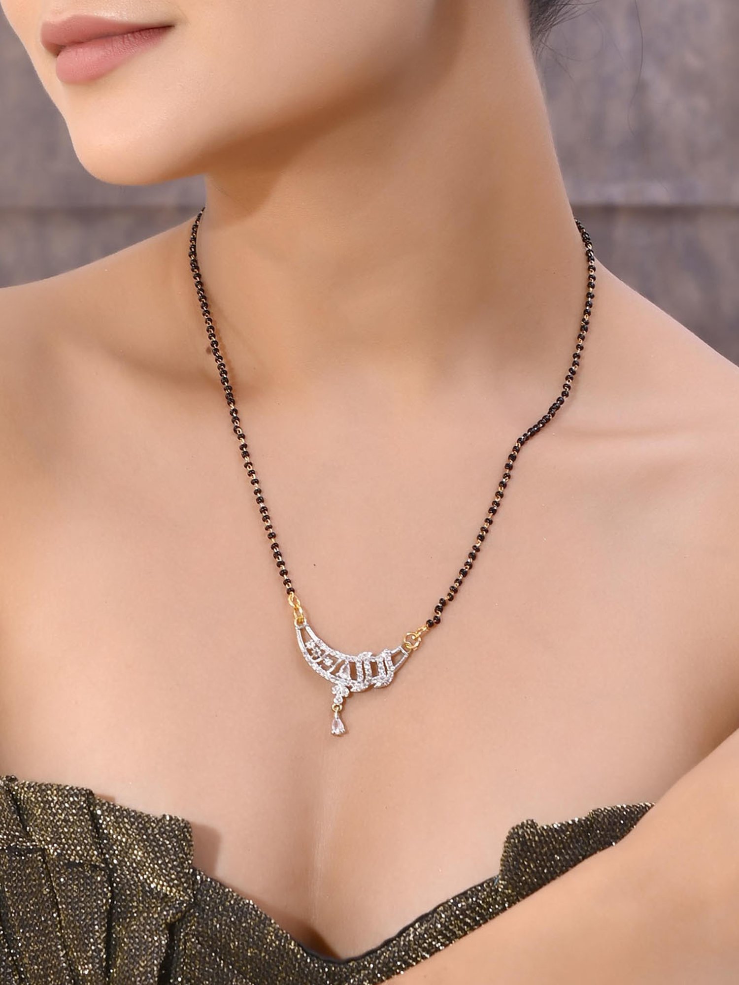 Abdesigns Gold-Plated American Diamond & Black Beaded Mangalsutra