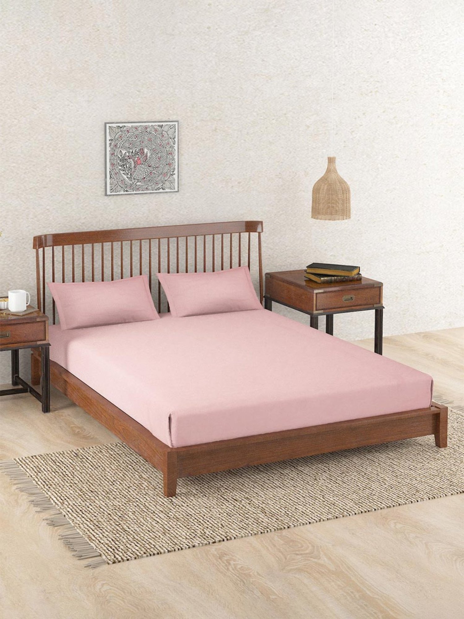 Fabindia Pink Linen 90 TC Double Bed Sheet With Pillow Covers