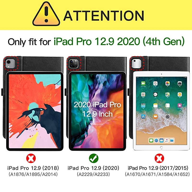 for New iPad Pro 12.9 Case 2020, Leather Folio Stand Case Smart Cover with Auto Sleep/Wake Strap Pocket Supports iPad Pencil Charging for 2020 iPad Pro 12.9 Inch 4th Generation - Black