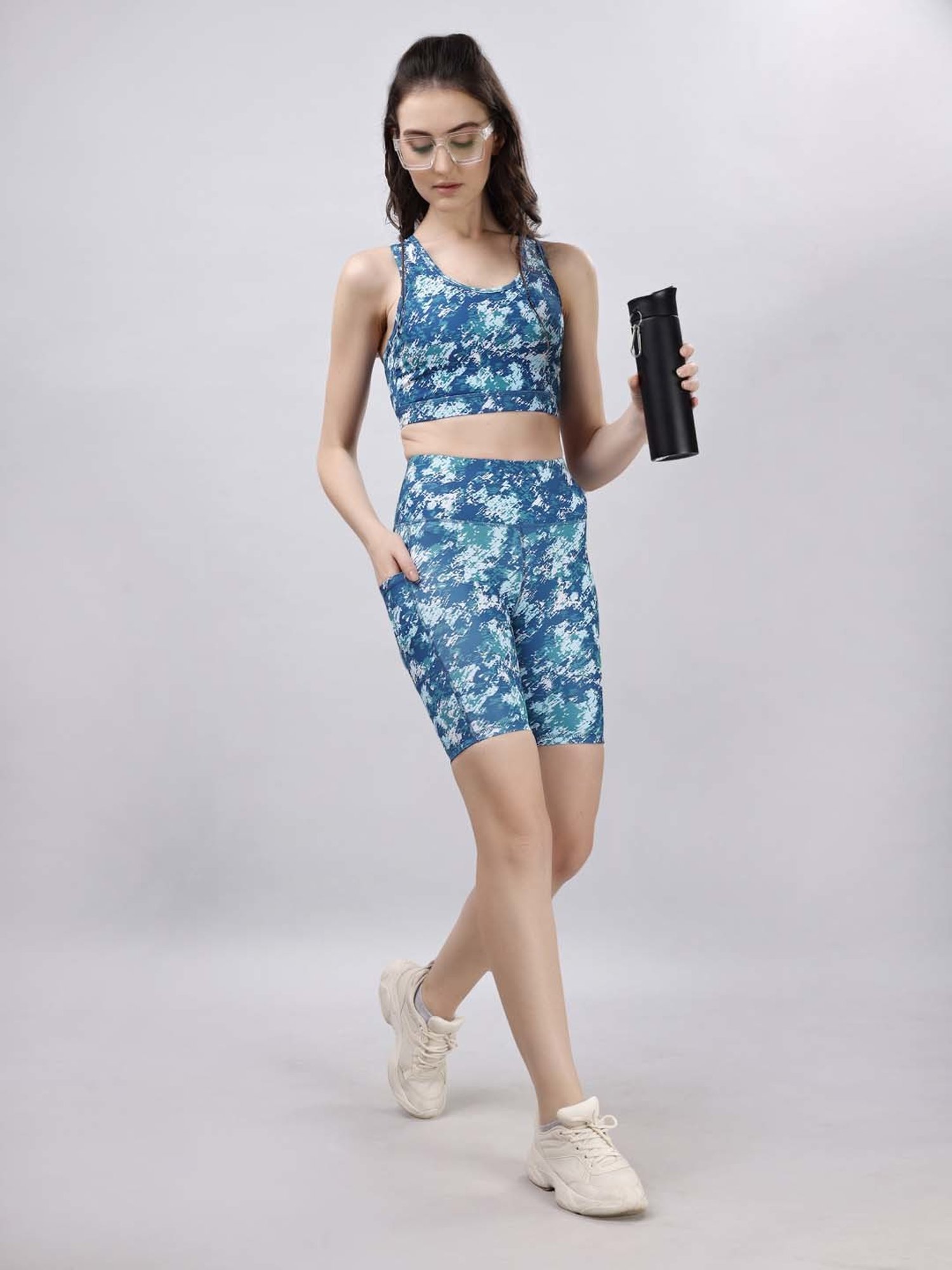 Soie Blue Printed Sports Tank Top Shorts Set