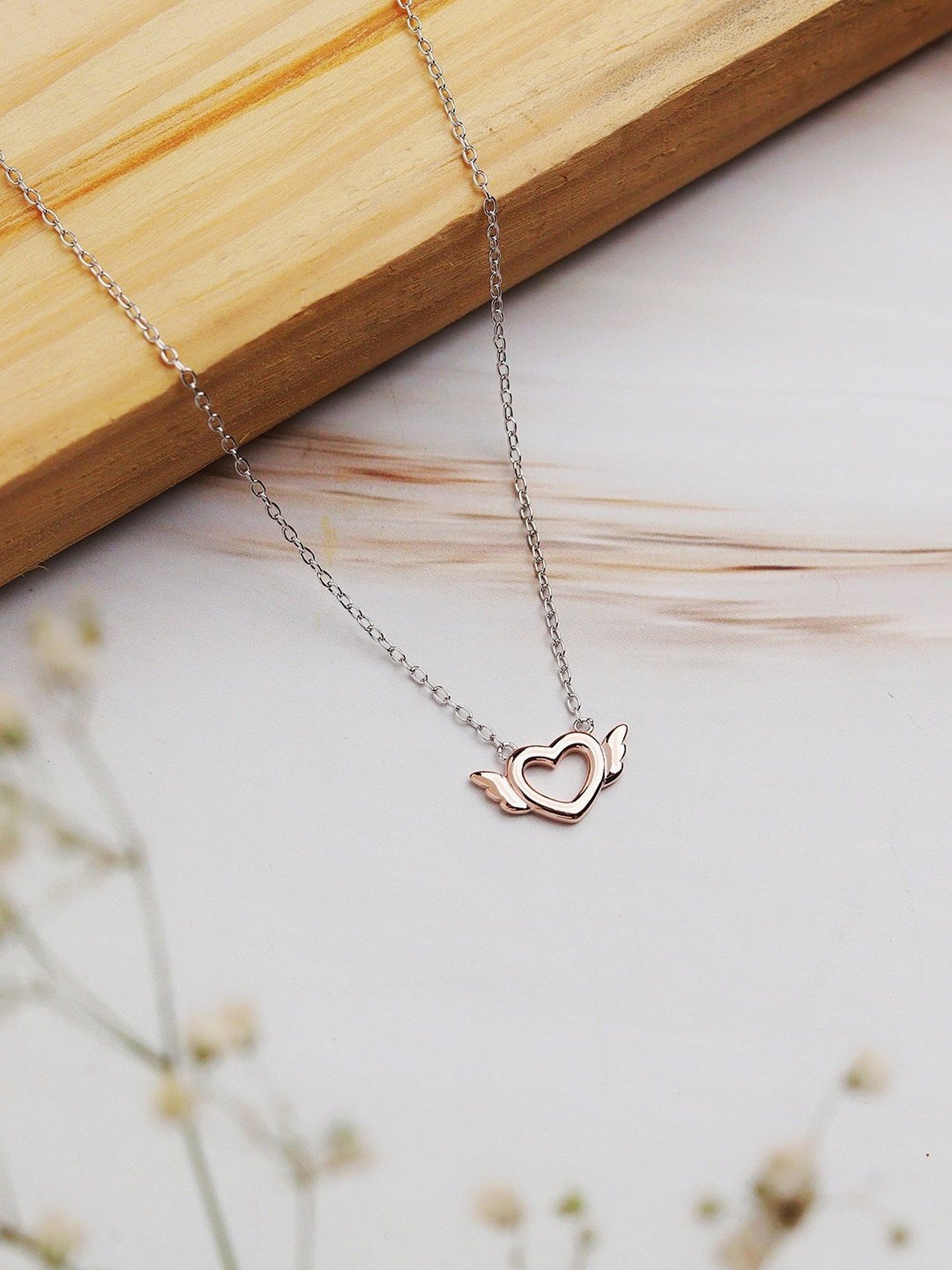 Curio Cottage 925 Silver Rose Gold Winged Heart Pendant With Link Chain