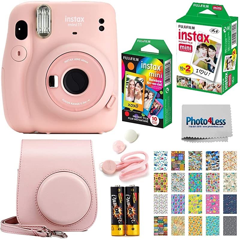 Instax Mini 11 Instant Camera Blush Pink 16654774 + Instax Mini Twin Pack Instant Film 16437396 + Single Pack Rainbow Film + Case + Travel Stickers