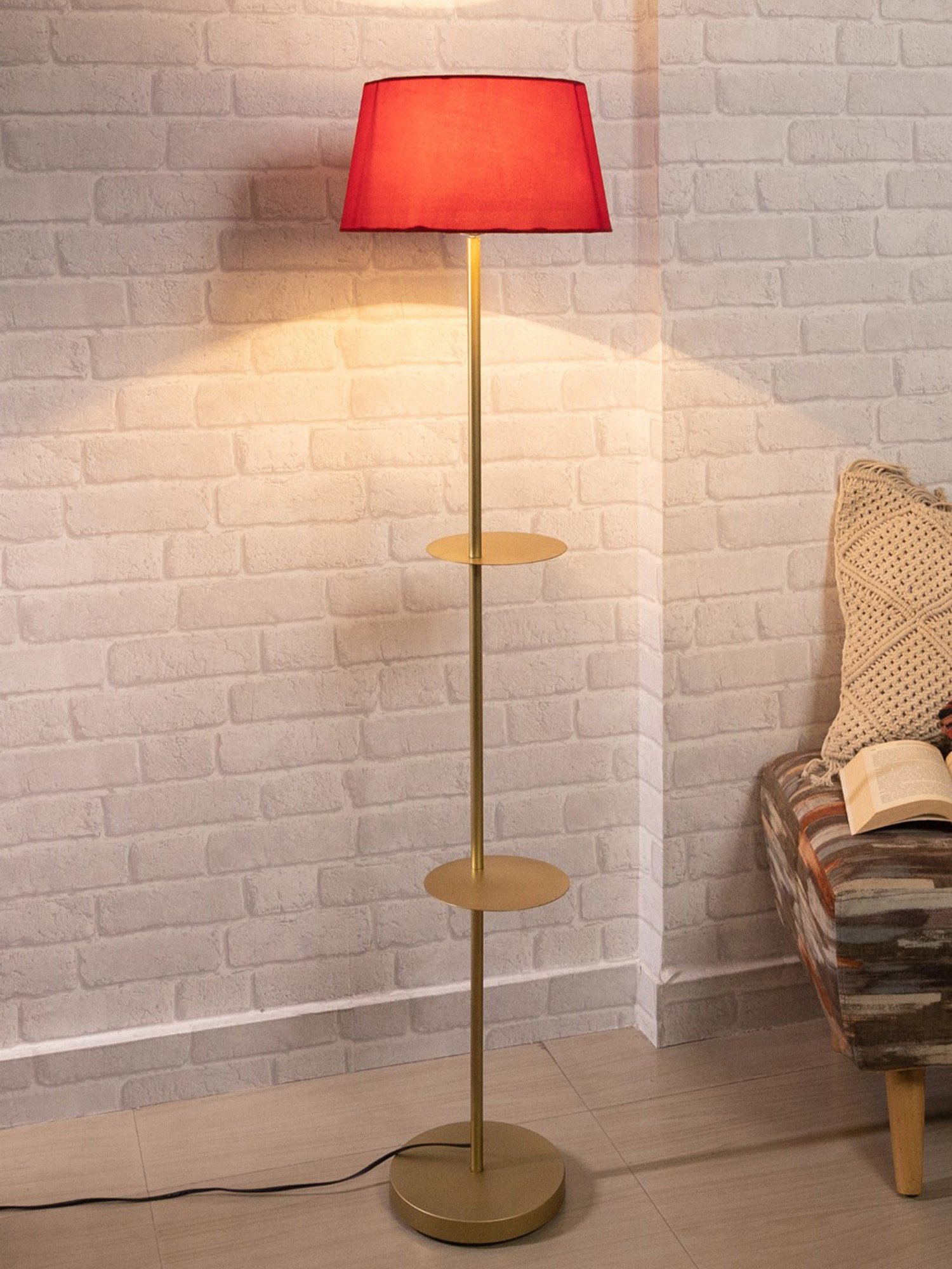 Homesake 'Duo Shelf' Red & Golden Metal Tall Floor Lamp With Shade & Bulb - Set of 1
