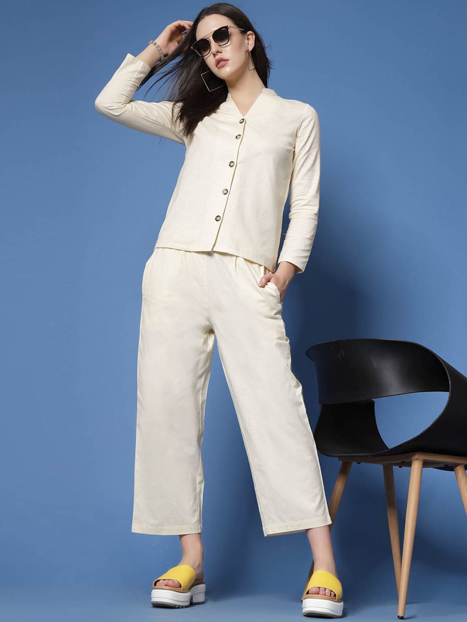 Melon by PlusS Cream Cotton Shirt With Trousers