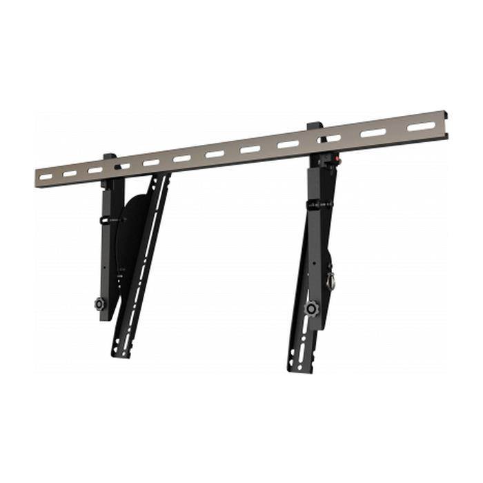 Wall mounted unistrut menu board brackets with plumb and tilt adjustment.