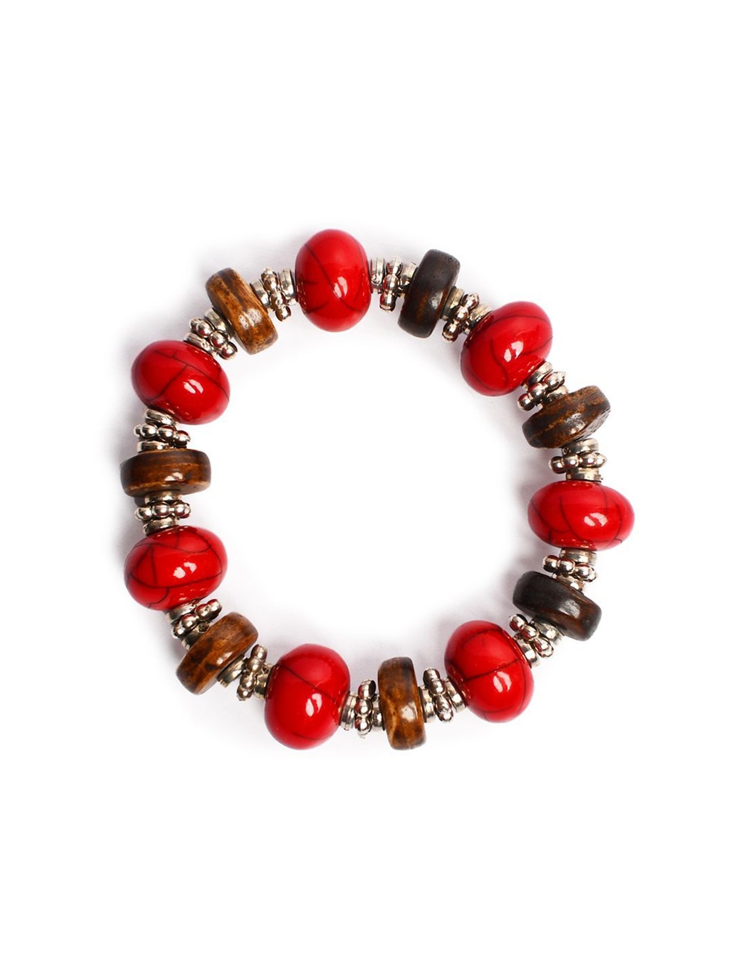 IMLI STREET Red & Brown, Silver Artificial Beaded Stretchable Bracelet for Women