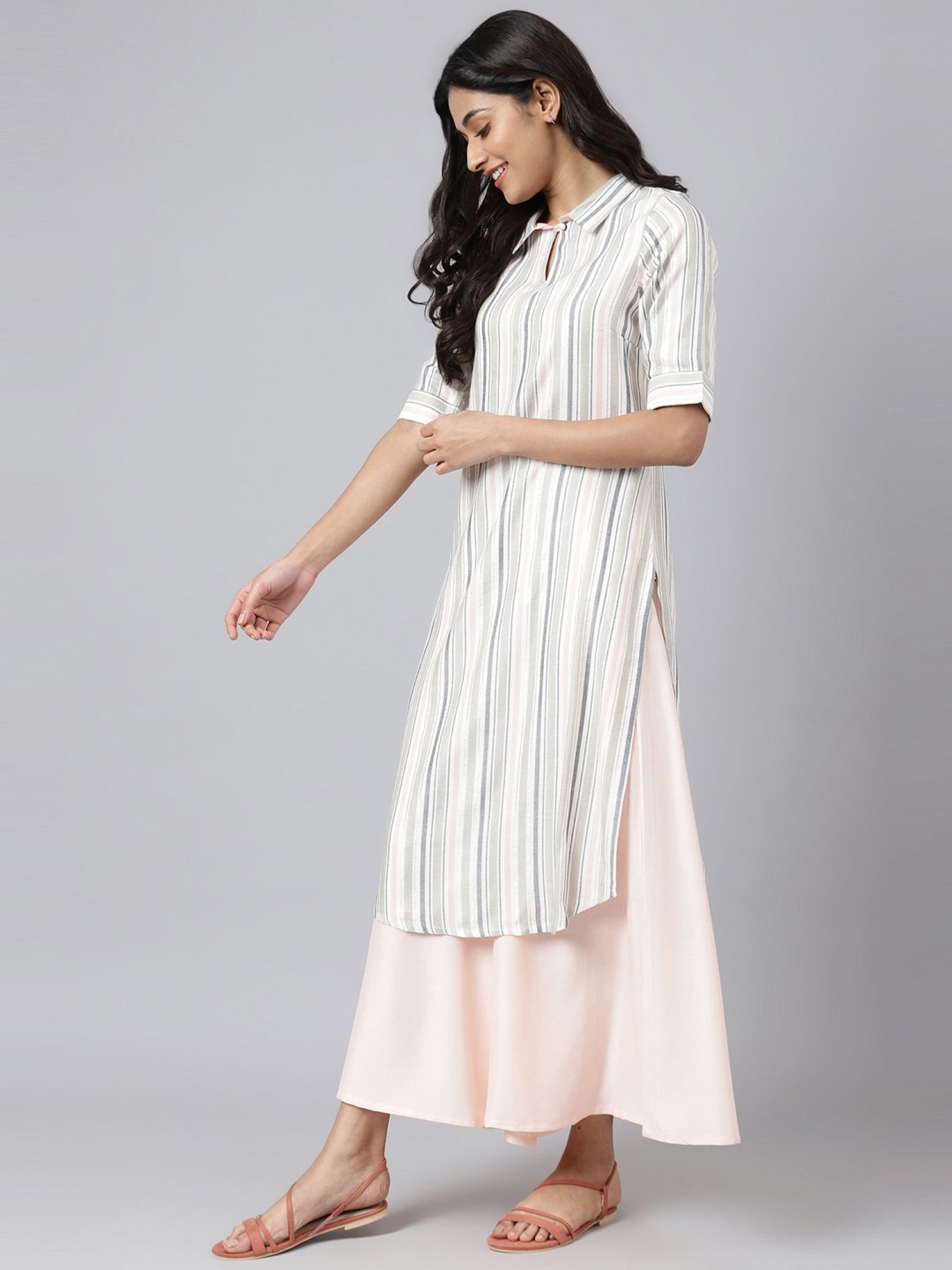 Aurelia Women White Striped Rayon Kurta Set with Culottes