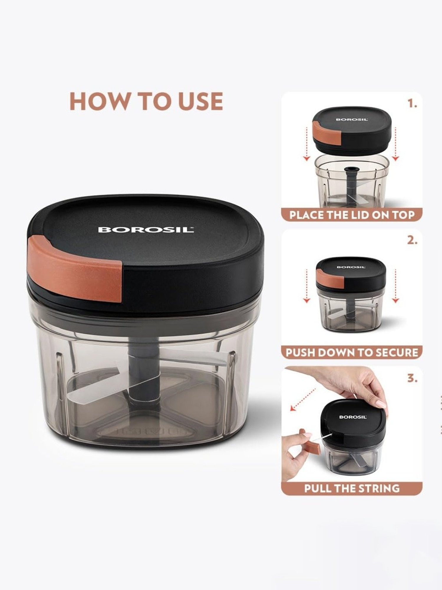 Borosil Chopper 600 ml with 3 Blades & Durable String (Black)