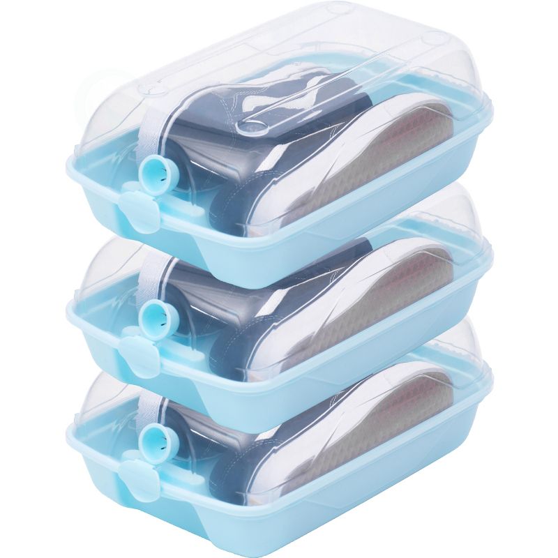 Blue Plastic Shoe Box Storage Container with Clear Lid, Set of 3