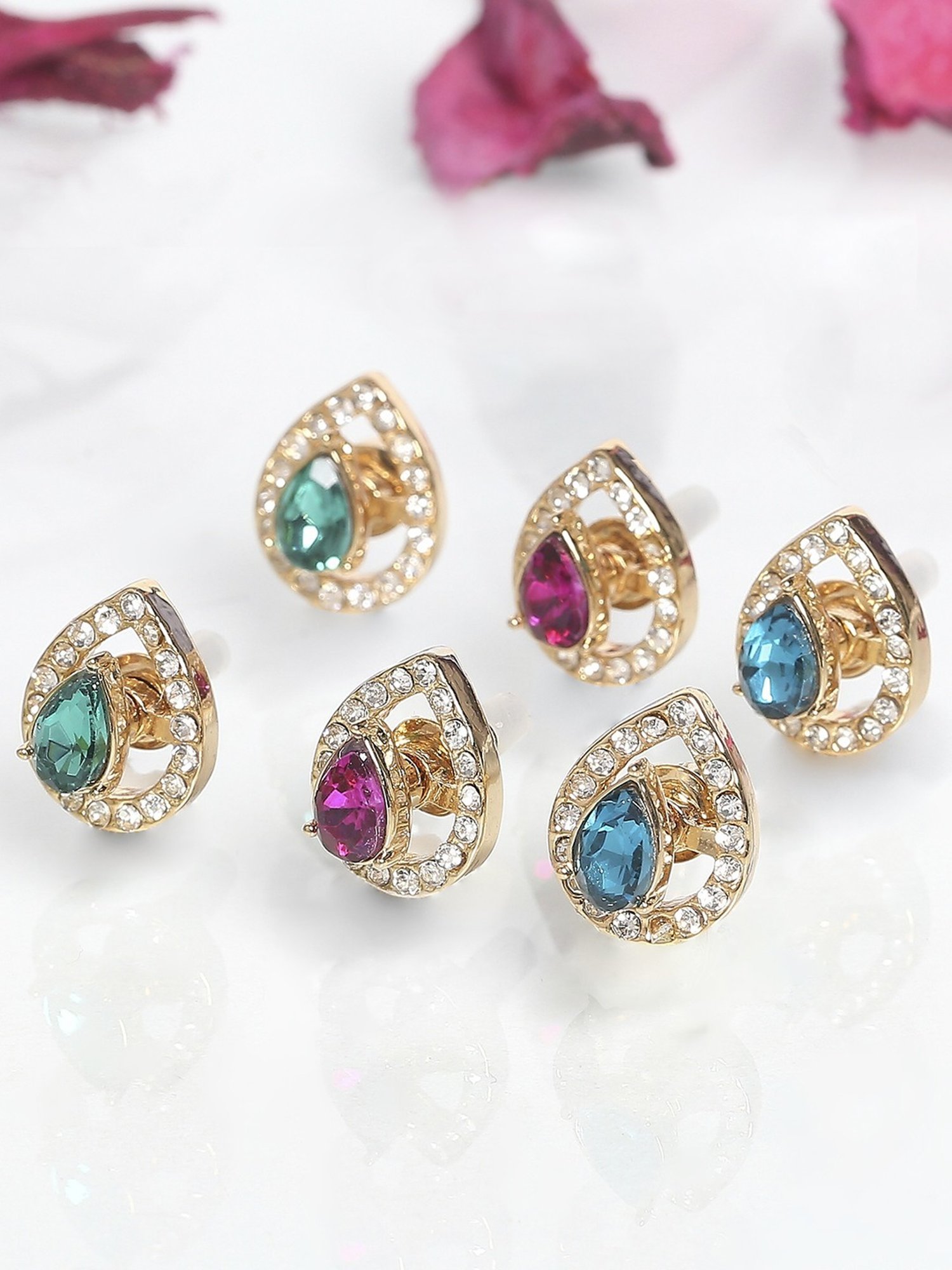 Lilly & Sparkle Gold-Toned Set of 3 Multi-Colored Stone Studded Drop Stud Earrings