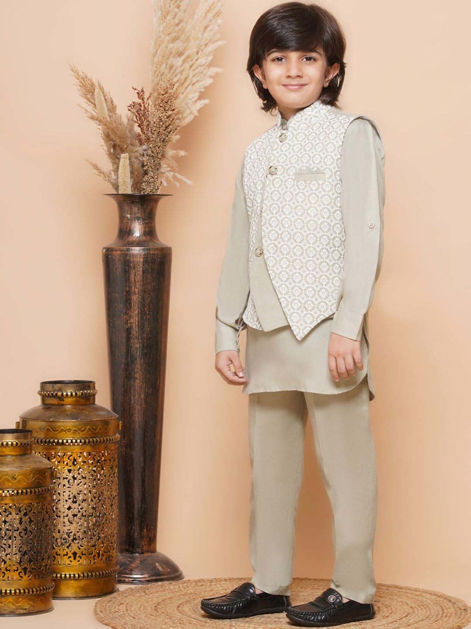 AJ Dezines Kids Pista Green Cotton Embroidered Full Sleeves Kurta Set