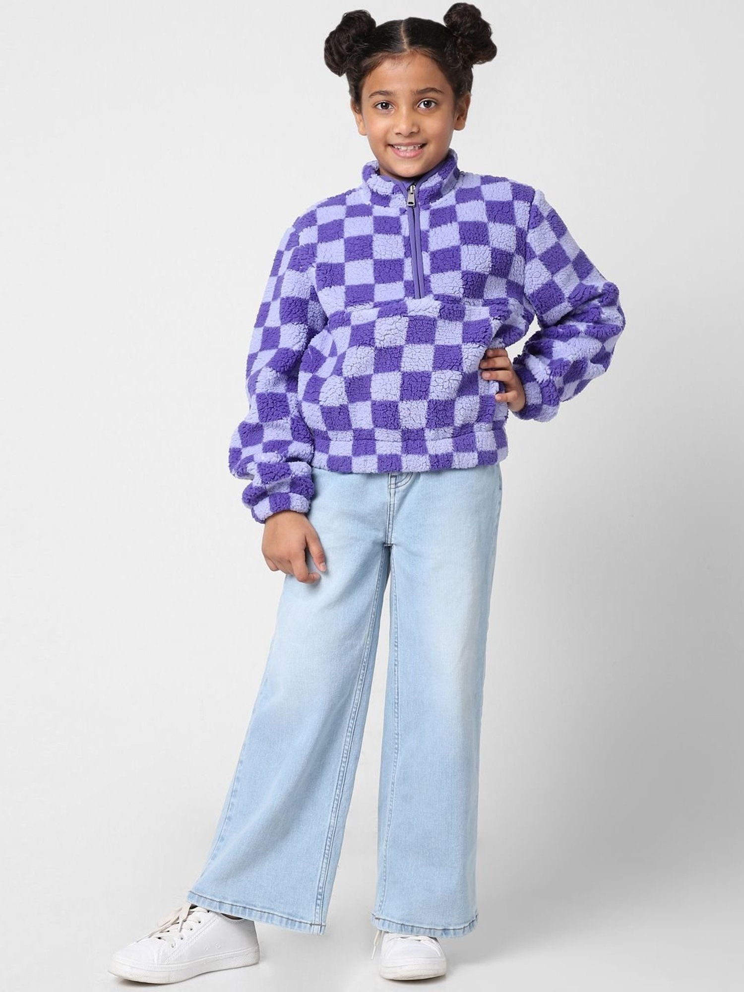 KIDS ONLY Kids Purple Chequered Full Sleeves Sweatshirt