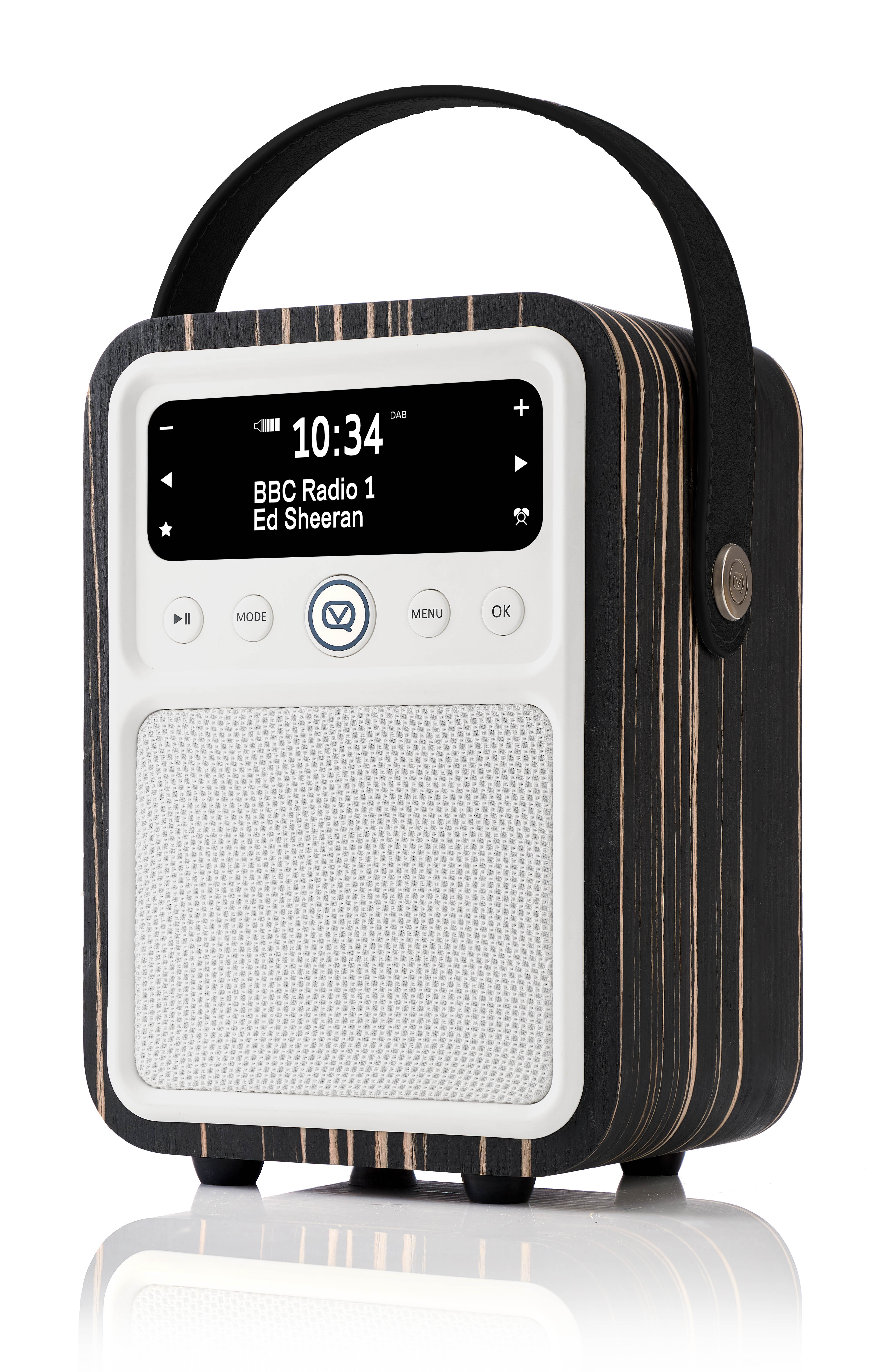 monty by vq | radio & bluetooth speaker with am/fm & hd radio, dual alarm clock, mains or battery  real wood black zebra case