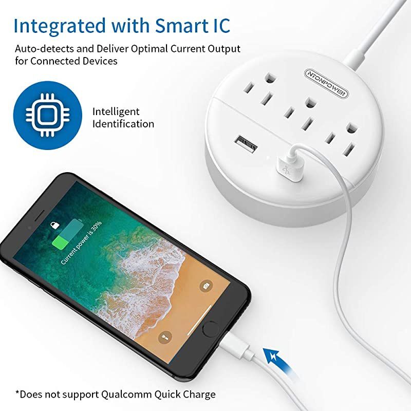 9.8 ft Long Extension Cord,  Travel Power Strip Flat Plug, 3 Outlet 2 USB Desktop Charging Station Wall Mount for Home Office, Dorm Room and Cruise Ship, White