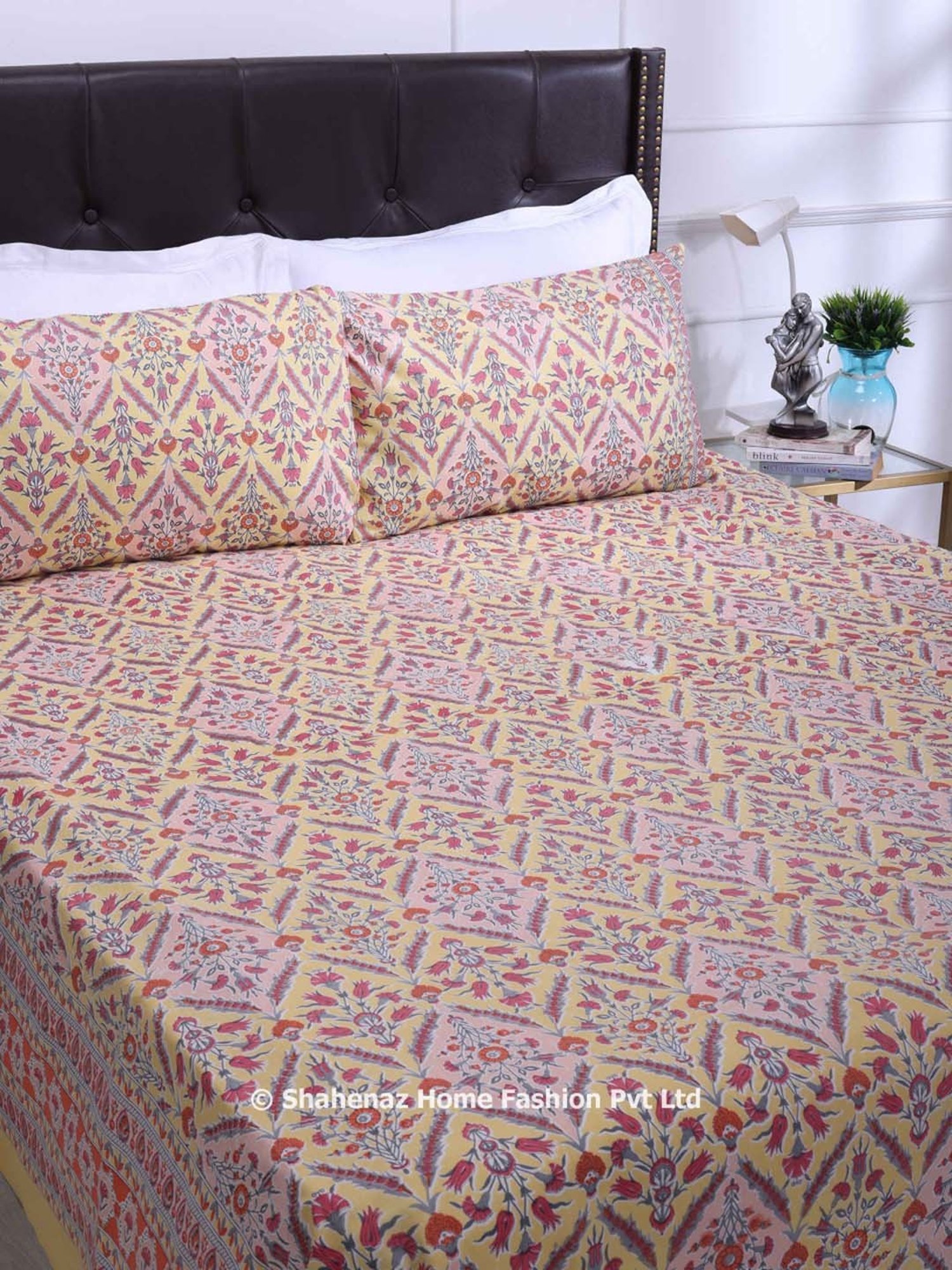 Shahenaz Mustard 120 TC Cotton Kalindi Double Bedsheet with 2 Pillow Covers