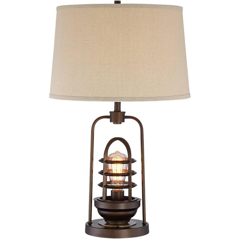 Possini Euro Design Industrial Table Lamp Oil Rubbed Bronze Clear Glass Burlap Tapered Drum Shade for Living Room Bedroom Bedside