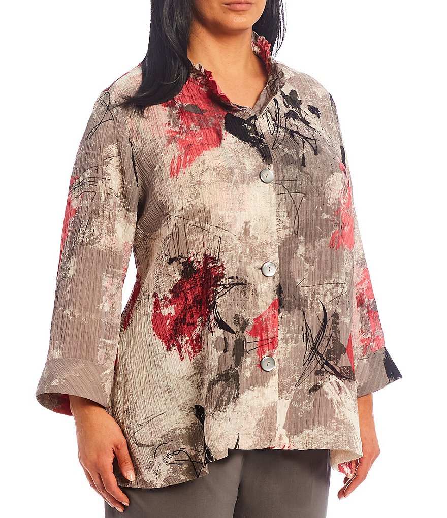 Multiples Plus Size Abstract Print Crinkle Box Woven Shirred Stand Collar Turn-Up Cuff 3/4 Sleeve Button Front Jacket