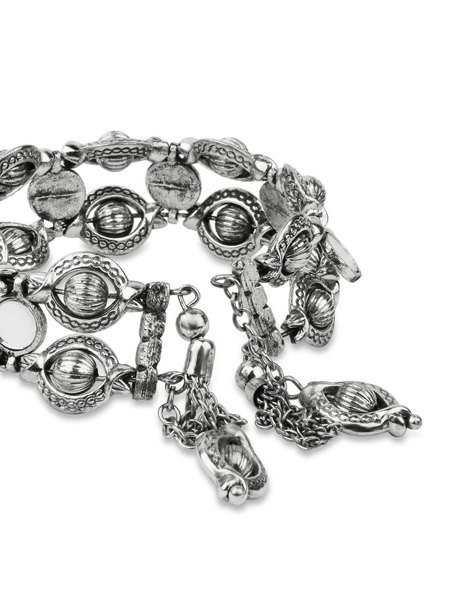 Fida Ethnic Oxidised Silver Tassel Drop Adjustable Tribal Cuff Bracelet for Women