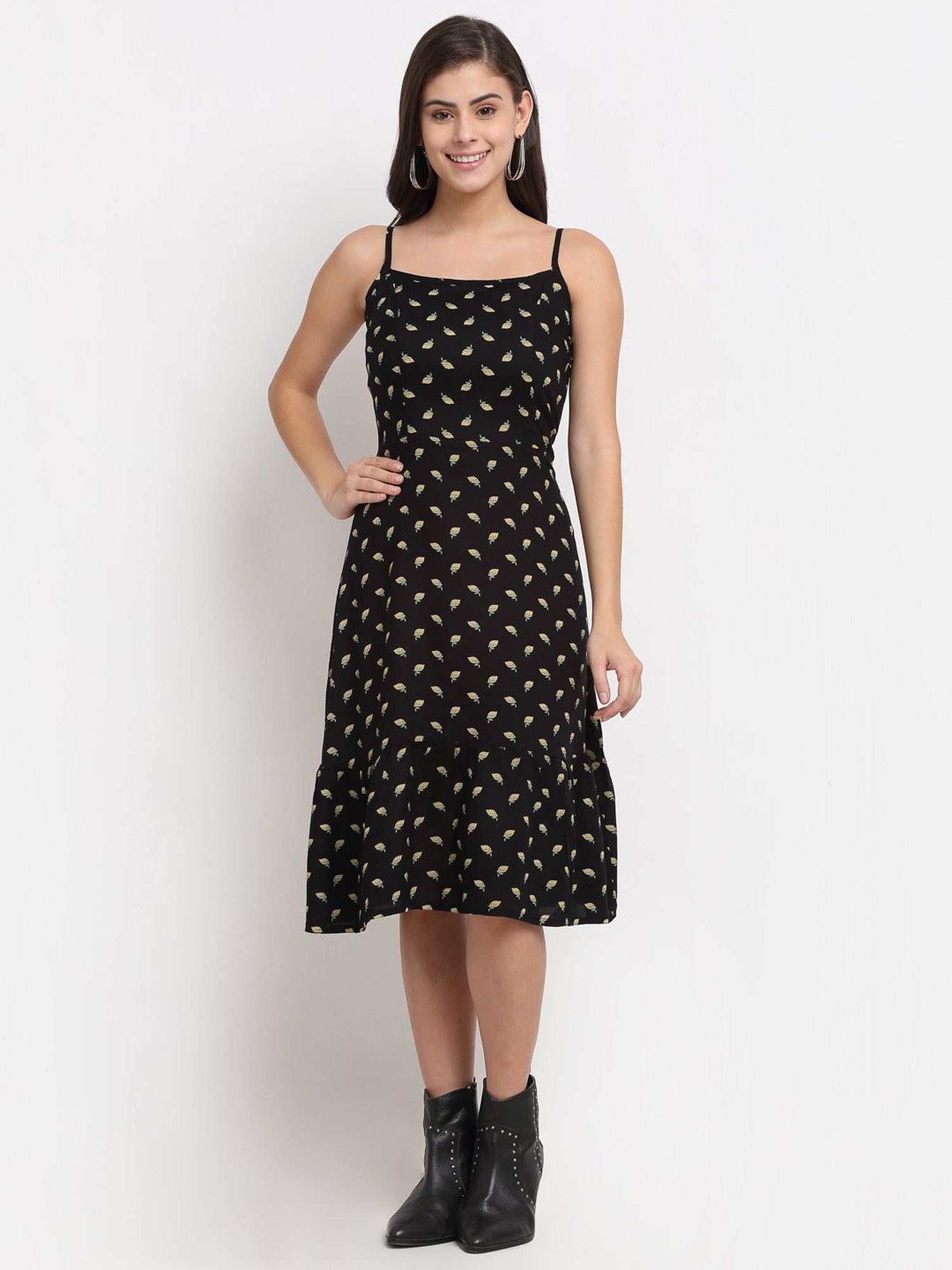 BRINNS Black Floral Print Midi A Line Dress