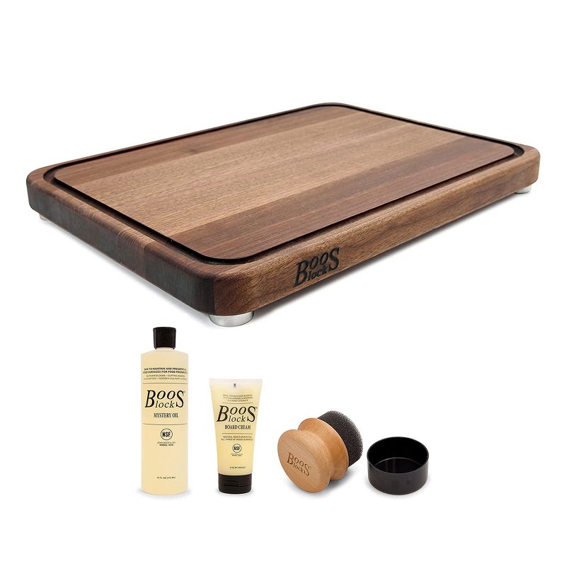 John Boos Walnut Wood Tenmoku Kitchen 20 x 15 x 1.5 Inches Cutting Board with Juice Groove and Stainless Steel Feet and 3 Piece Maintenance Set