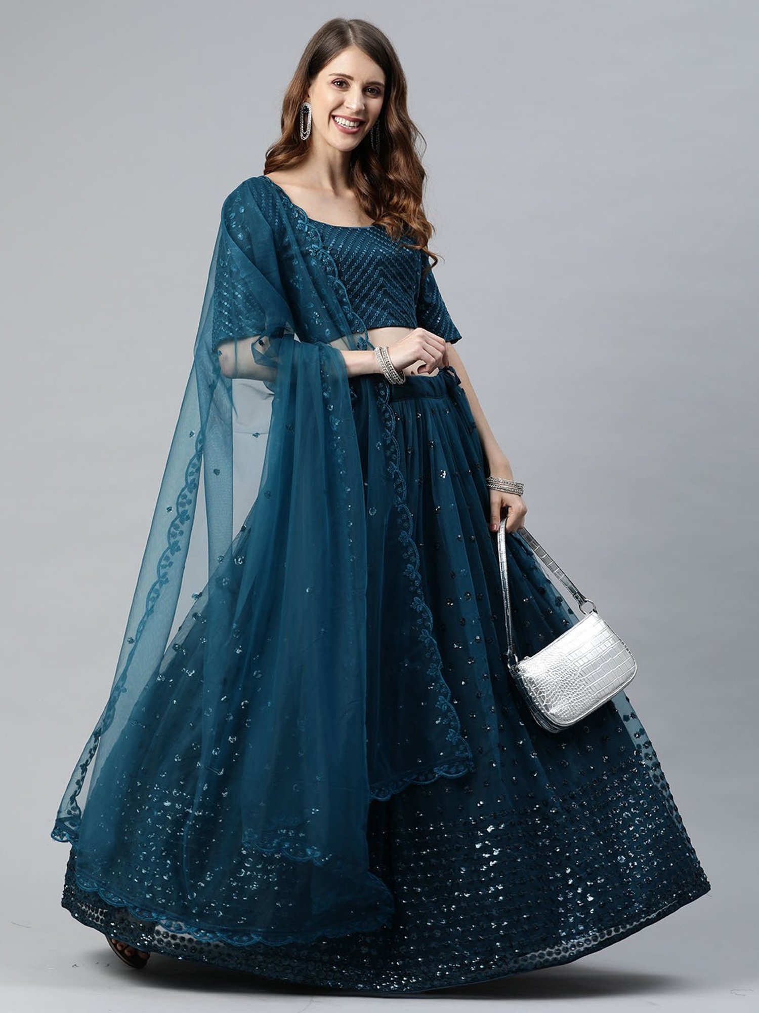 SHUBHKALA Teal Embellished Lehenga Choli Set With Dupatta