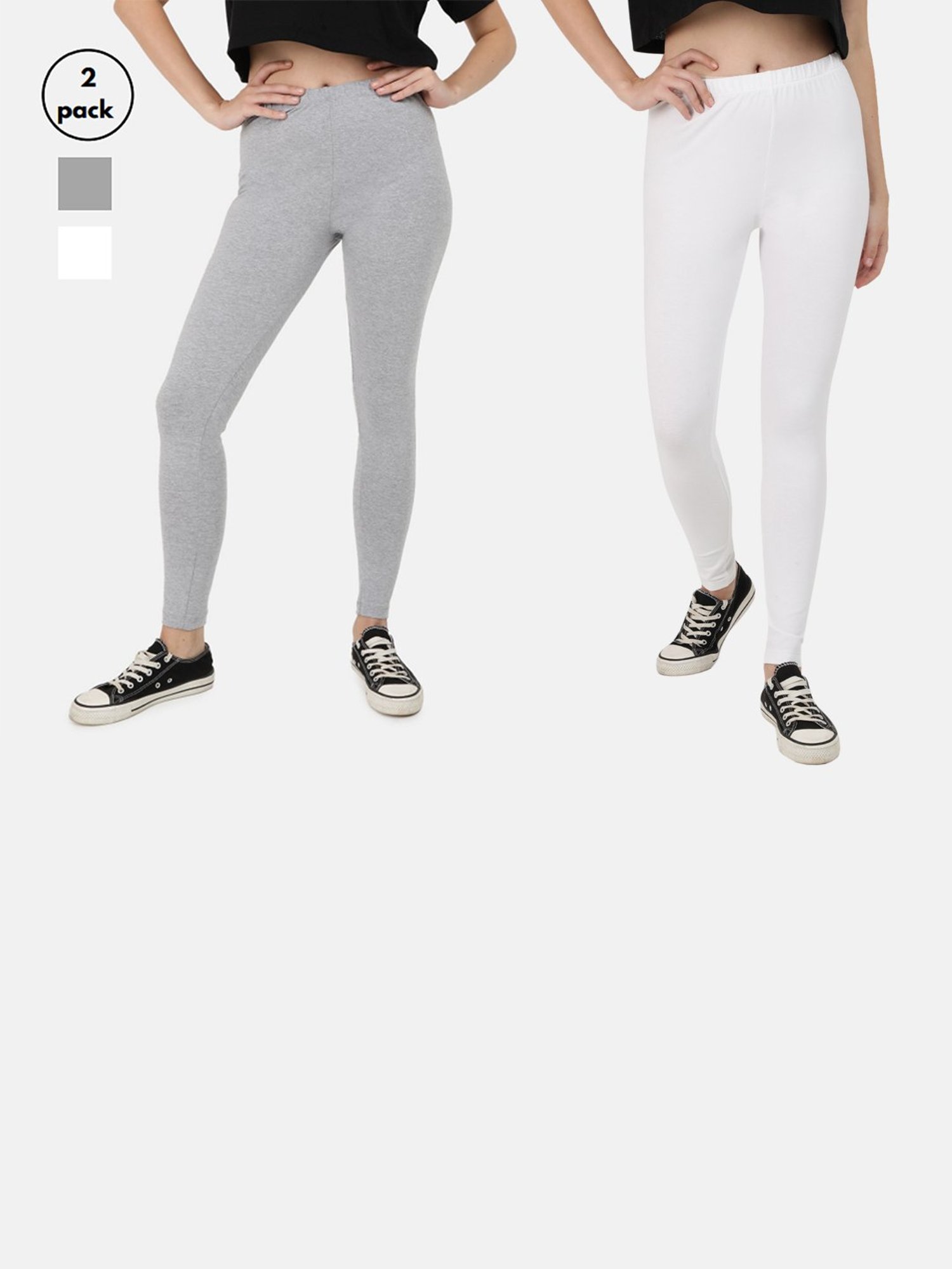 Bene Kleed White & Grey Cotton Slim Fit Leggings (Pack Of 2)