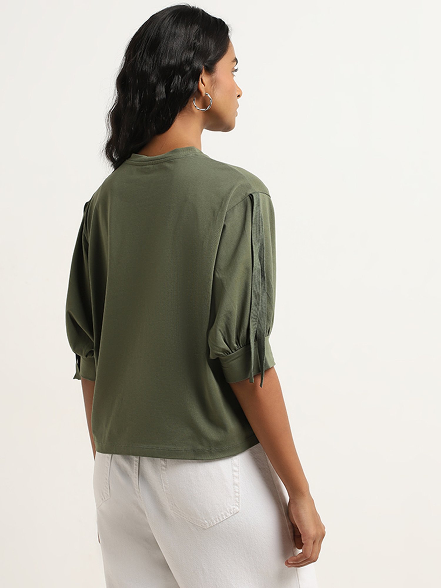 LOV by Westside Olive Solid Cotton Blend Top