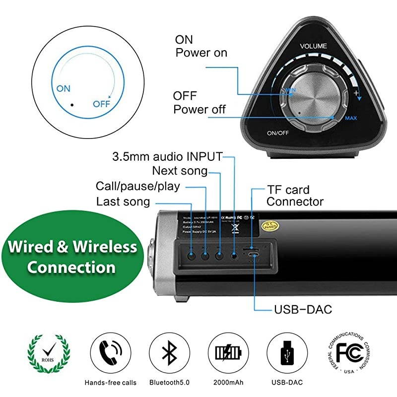 Sound Bar  Wired and Wireless Bluetooth 50 Audio Speaker Surround Sound Home Theater Builtin Subwoofers for TVPCPhonesTablets with Remote Control Support Device with AUXRCAUSB Function