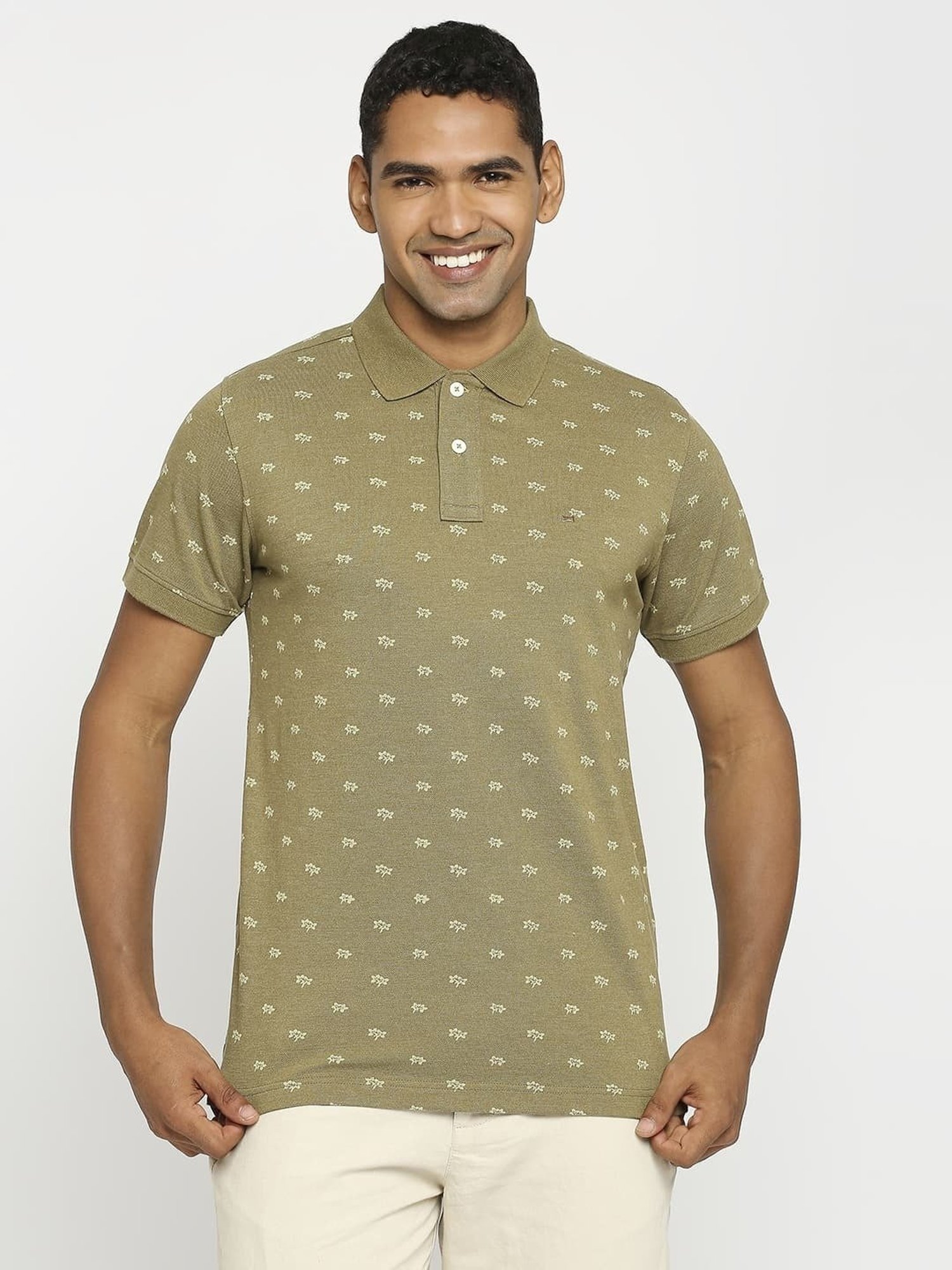 Basics Olive Cotton Muscle Fit Printed Polo T-Shirt