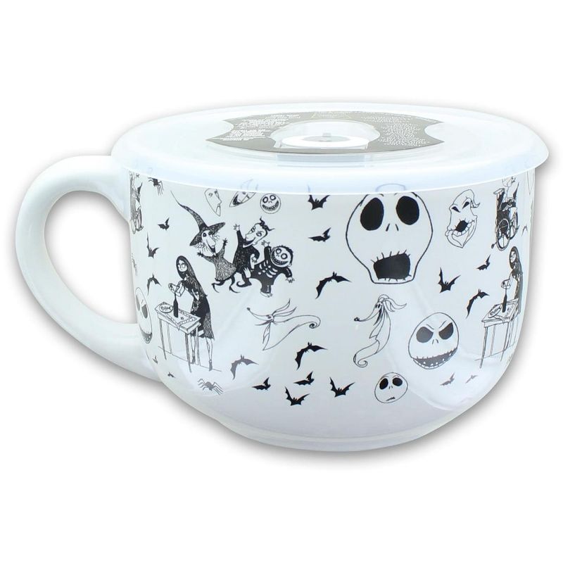 Silver Buffalo Nightmare Before Christmas Multi Character Pattern 24oz Ceramic Soup Mug w/ Lid
