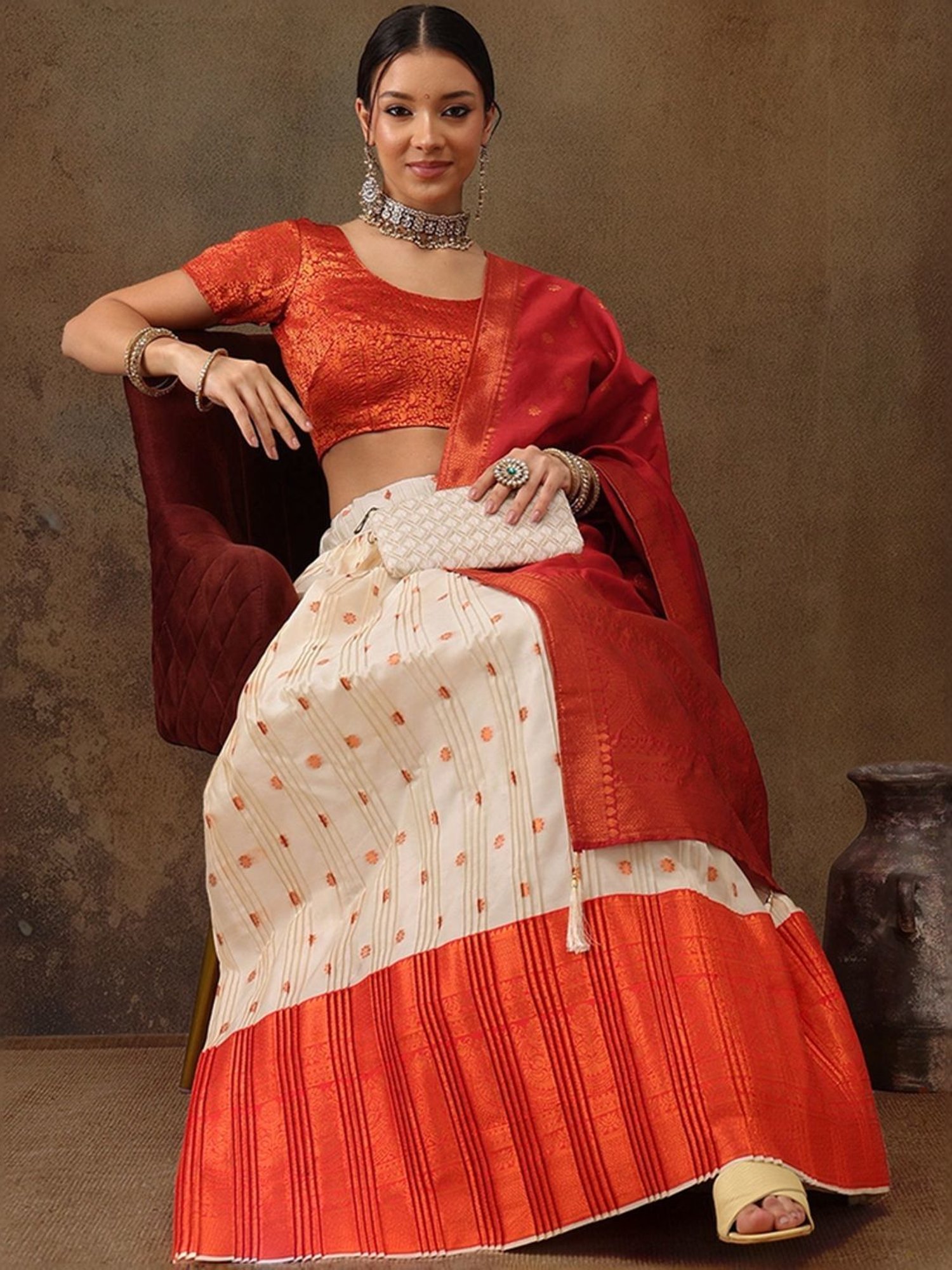 Silk Land Beige & Red Woven Pattern Semi Stitched Lehenga Choli Set With Duppata