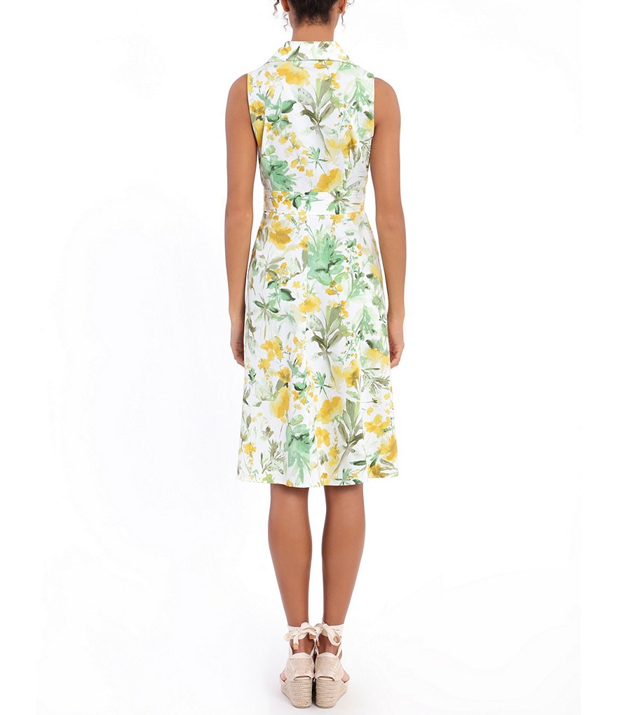 London Times Floral Collared Sheath Sleeveless Shirt Dress