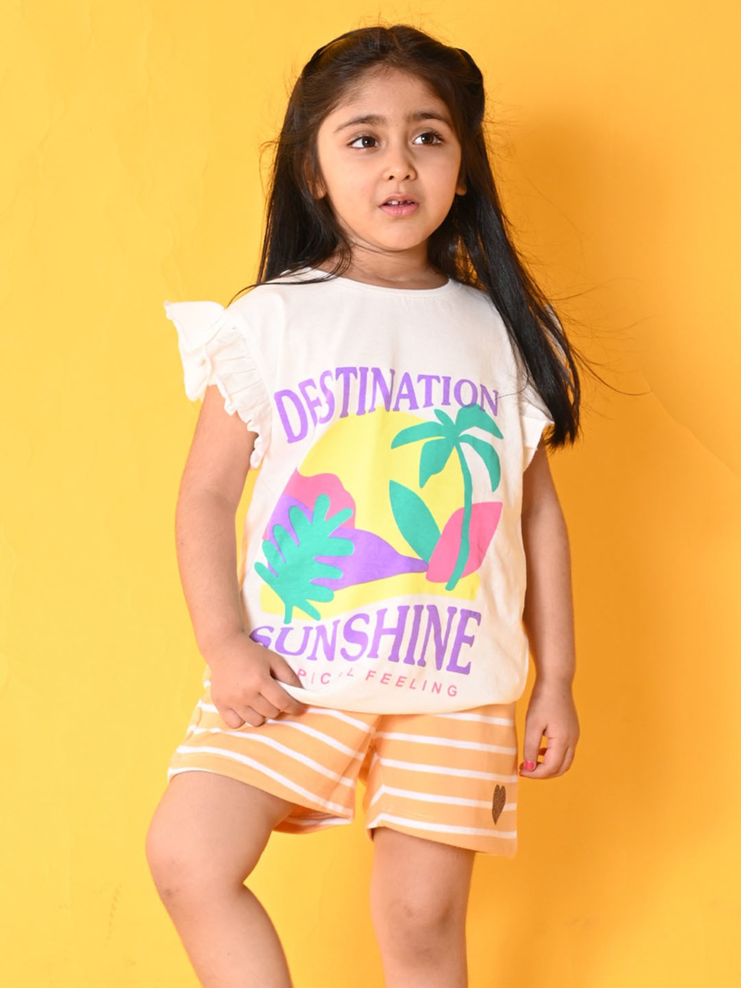 Anthrilo Kids White & Orange Cotton Printed T-Shirt Set