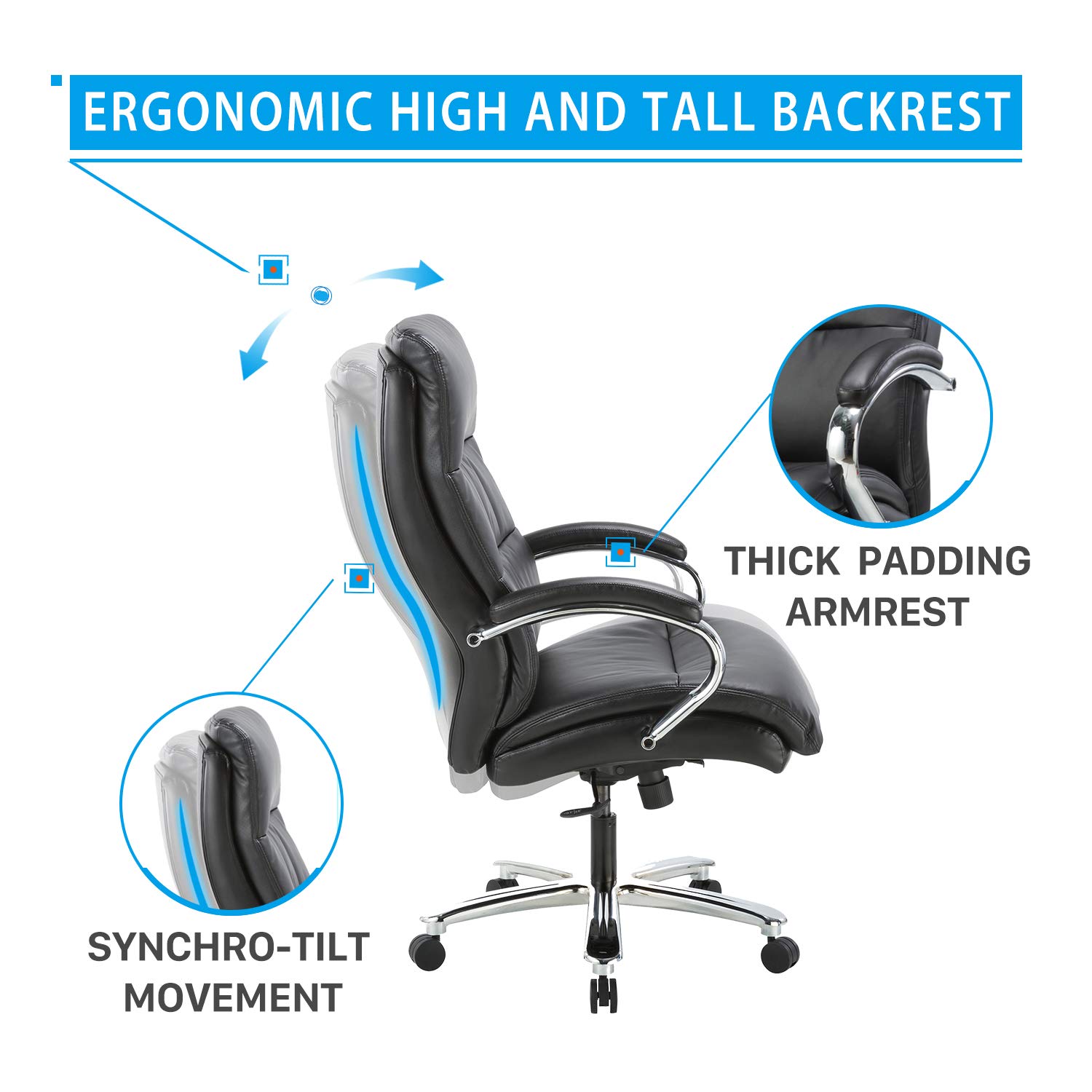 Ergonomic Big & Tall Executive Office Chair with Bonded Leather 400lbs High Capacity Swivel Adjustable Height Thick Padding Headrest and Armrest for Home Office Black&hellip;
