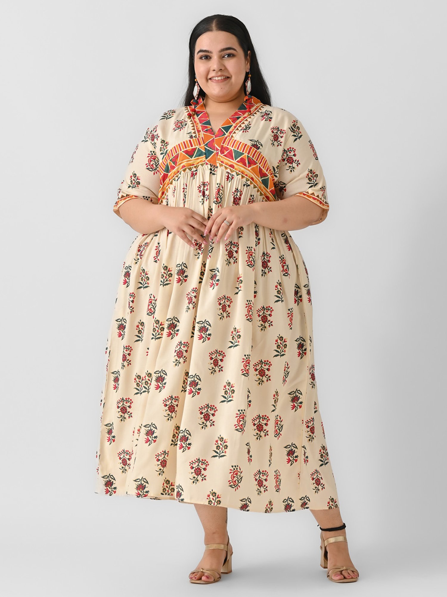 Rustorange Cream Printed Ethnic Dress