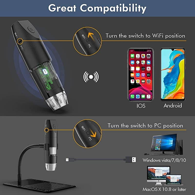Wireless Digital Microscope  Mini Pocket Handheld WiFi USB 50x to 1000x Magnification Microscope Camera 8 LED HD 1080P Compatible with Android Smartphone iPhone Tablet Windows MacBlack