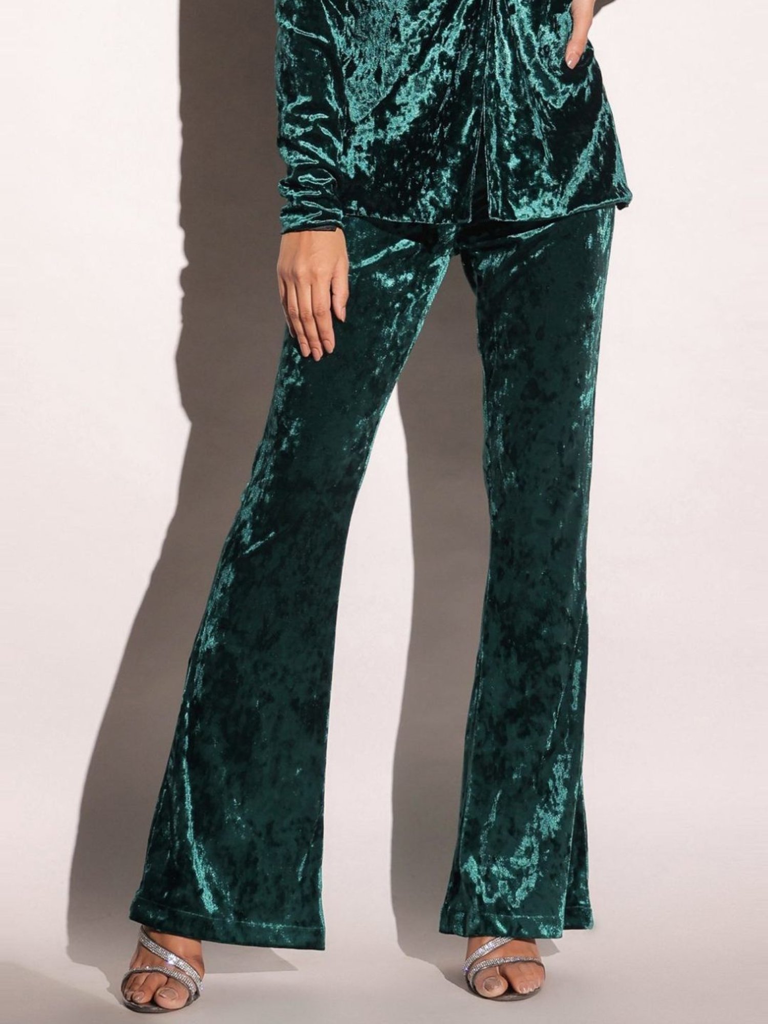 BInfinite Emerald Green Showtime Velvet Flared Trousers