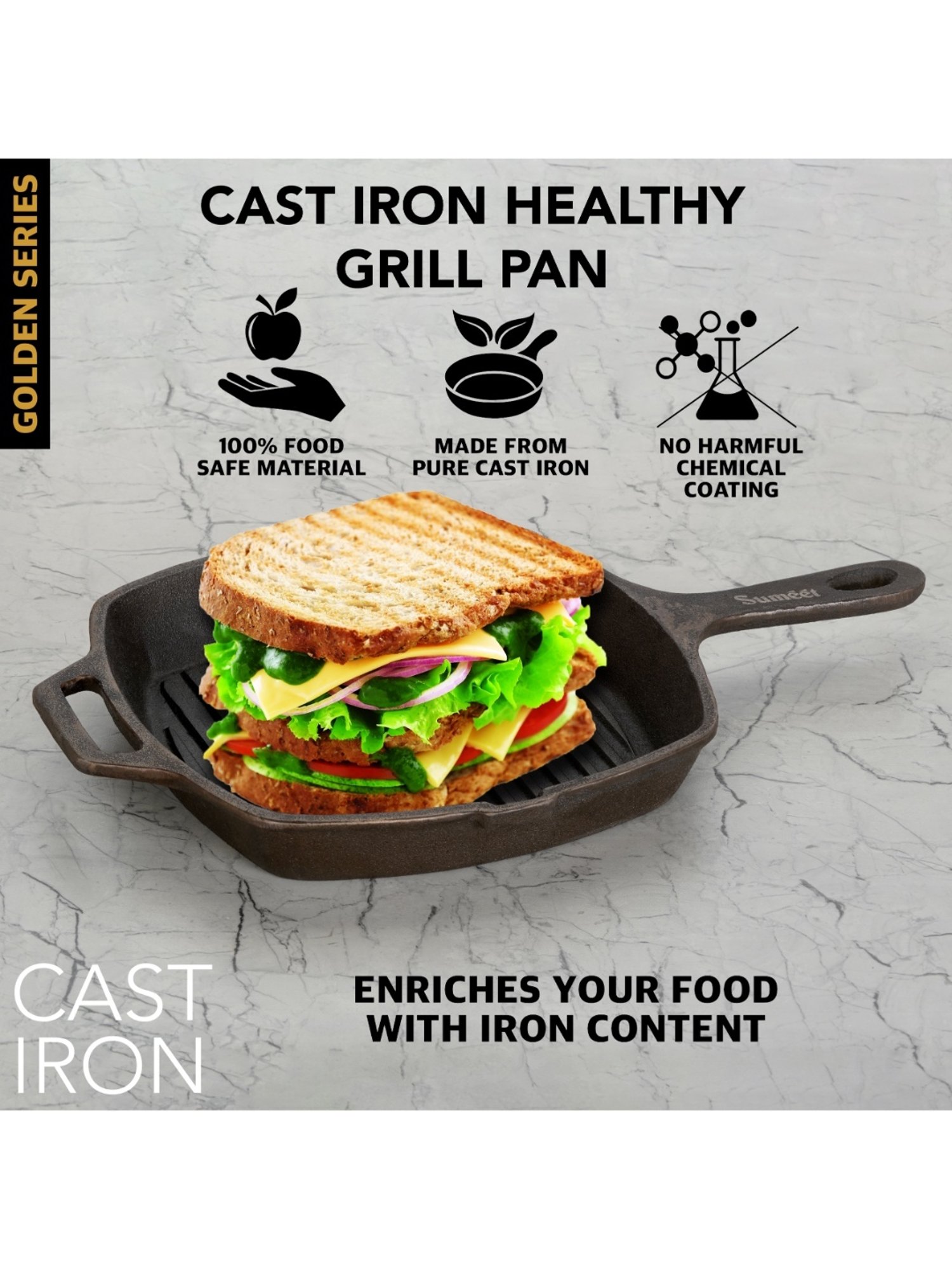 Sumeet Gold Pre Seasoned Cast Iron Grill Pan for Grill/Roast-28cm,3.180kg,Gas&Induction-Friendly