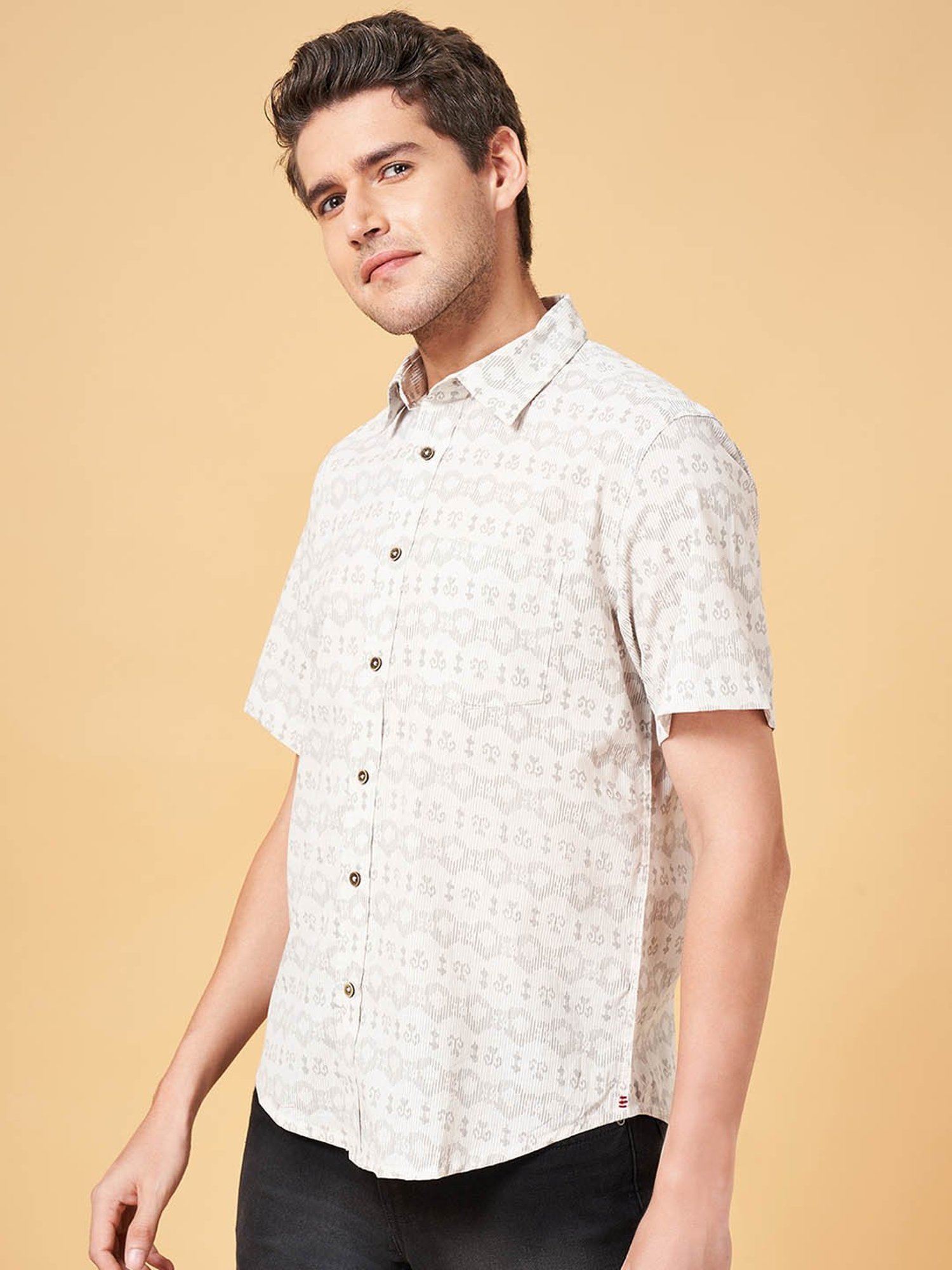 Indus Route by Pantaloons Grey Cotton Regular Fit Printed Shirt