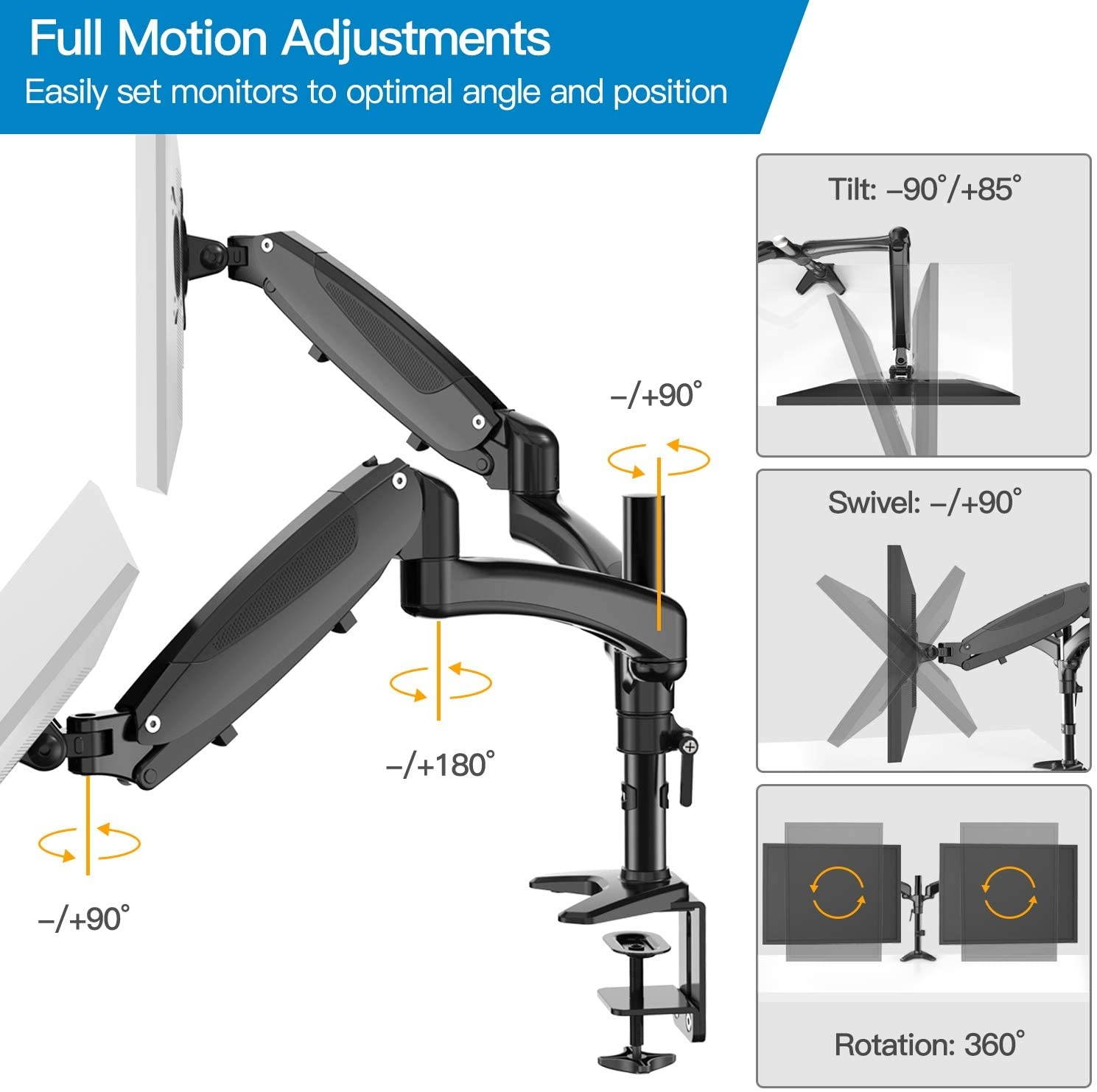 Dual Monitor Stand - Height Adjustable Gas Spring Monitor Desk Mount Fits 2 Flat/Curved Computer Screens 15 to 27 Inch, Double Articulating Arms Vesa Bracket with C Clamp, Grommet Mounting