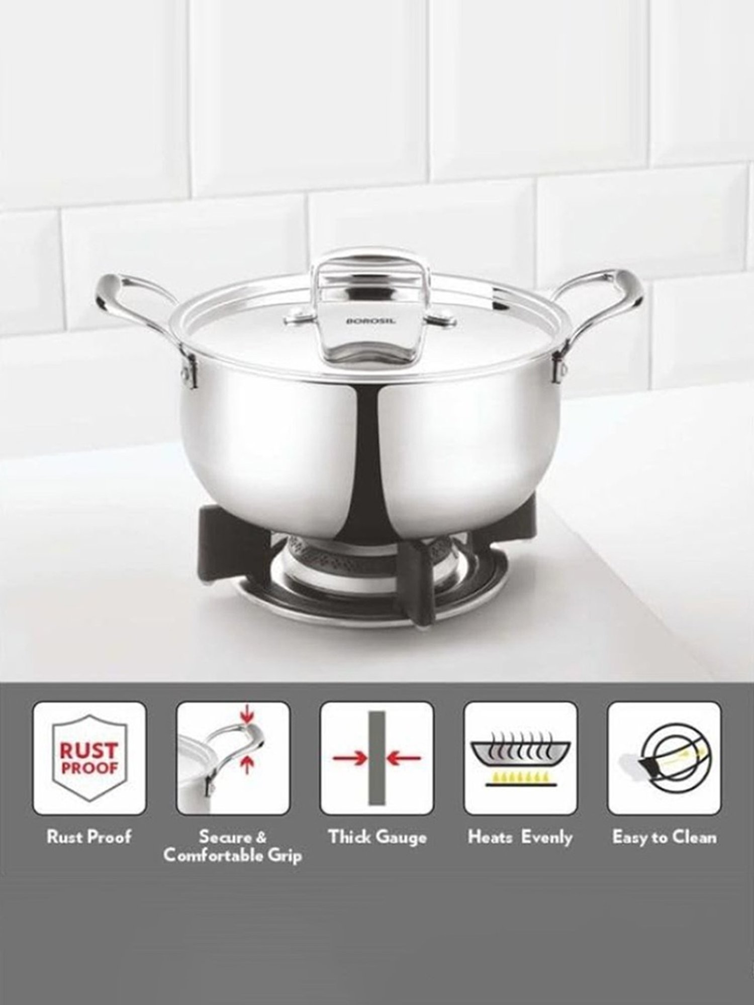 Borosil ?Silver ?Stainless Steel Casseroles