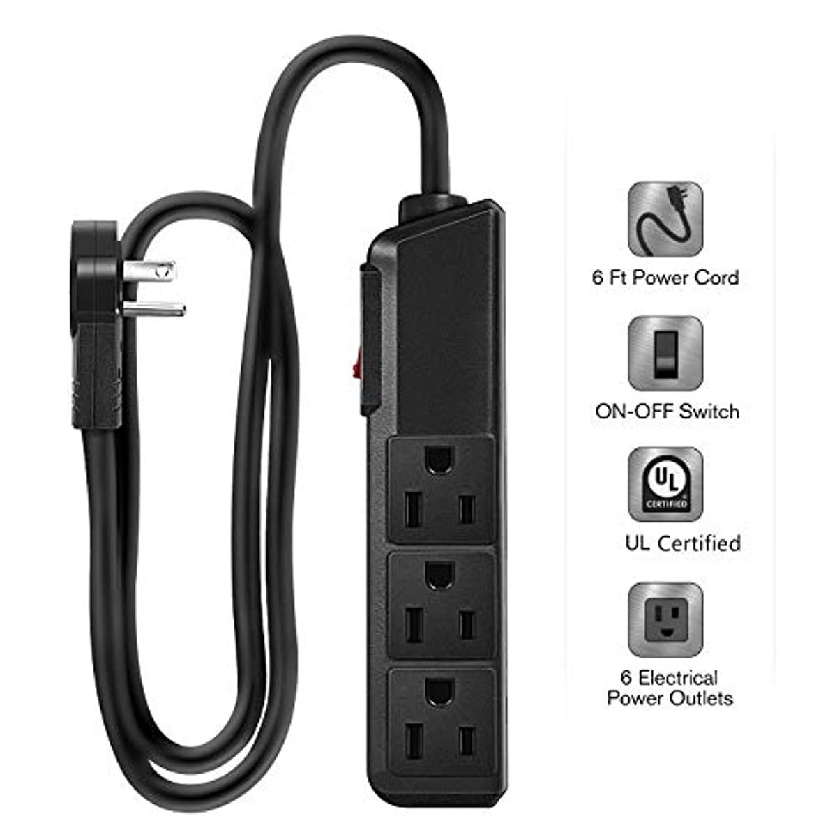 Nekteck [UL Certified] 6 Feet Power Strip Extension Cord [2 Pack] 360 Degree Rotating Angled Flat Plug with 6 Electrical Power Outlets, 14AWG 3 Prong Grounded Wire