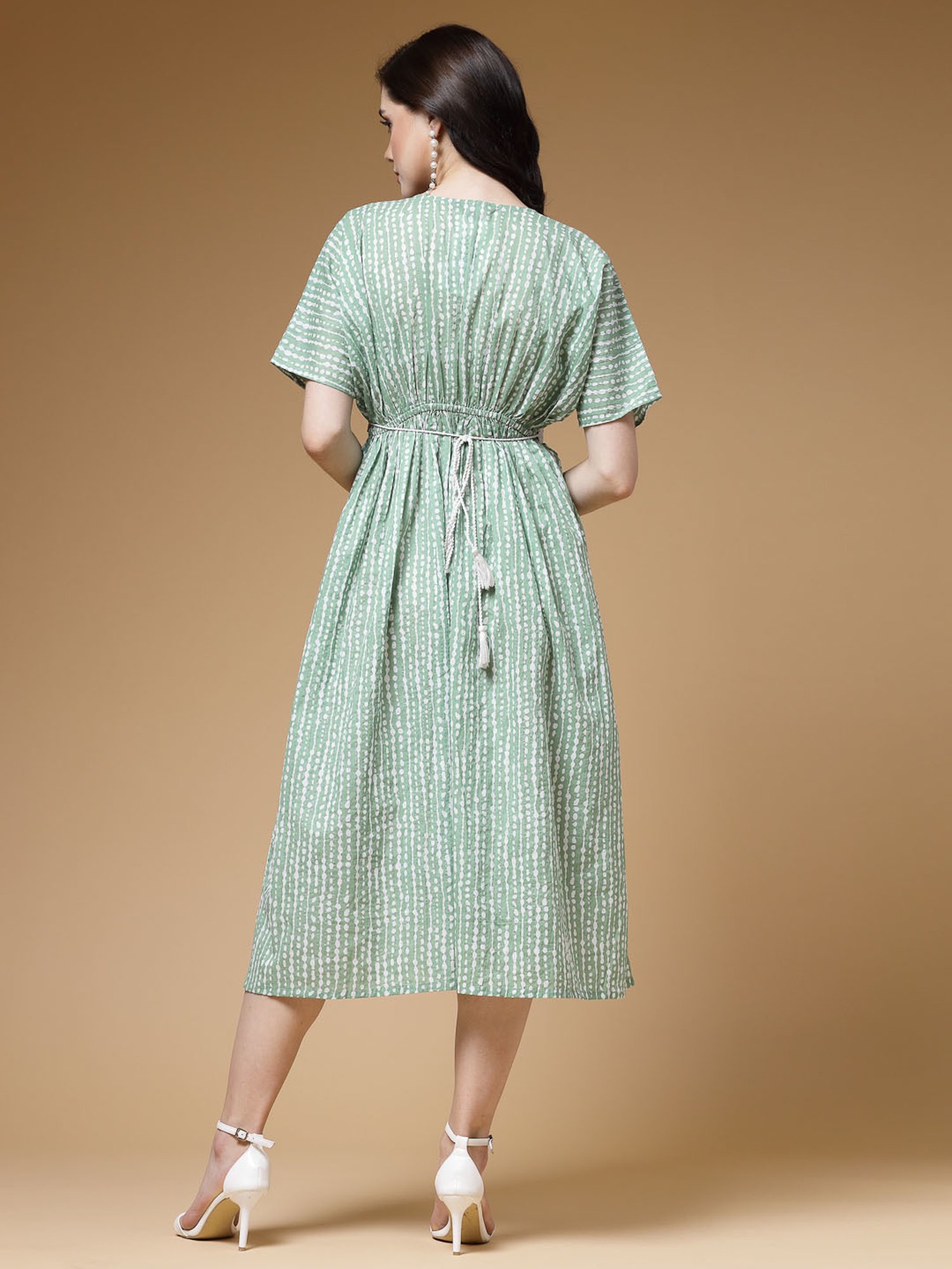 Indibelle Green Cotton Striped Ethnic Dress