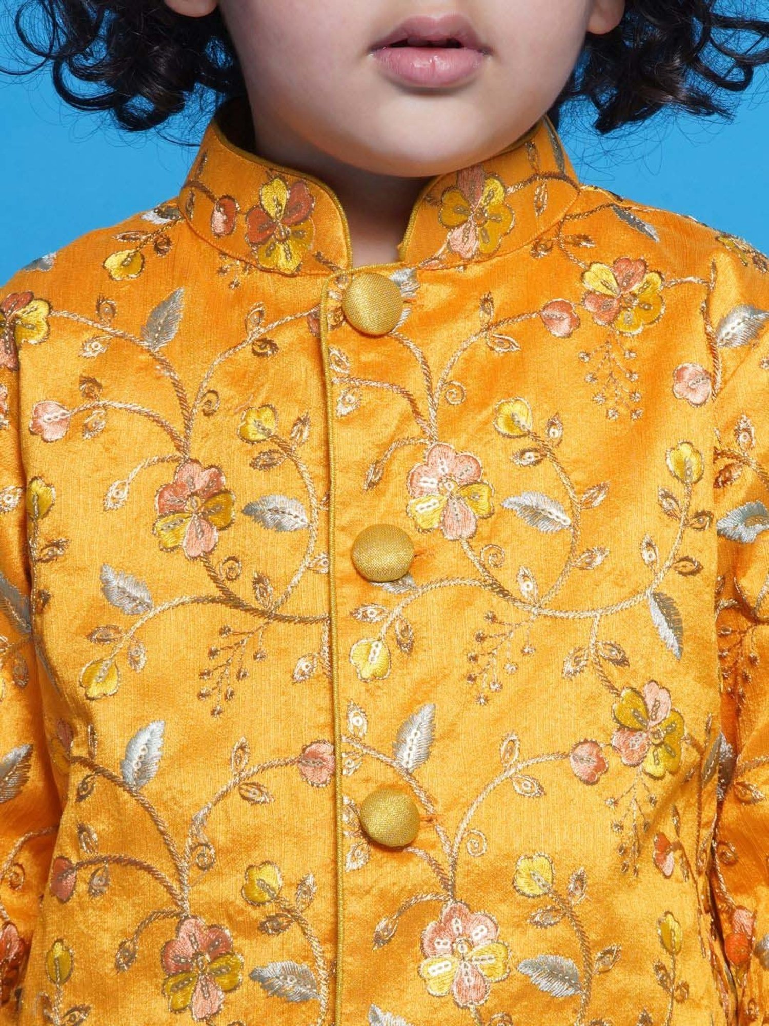 Little Bansi Boys Yellow Embroidery Full Sleeves Kurta Set