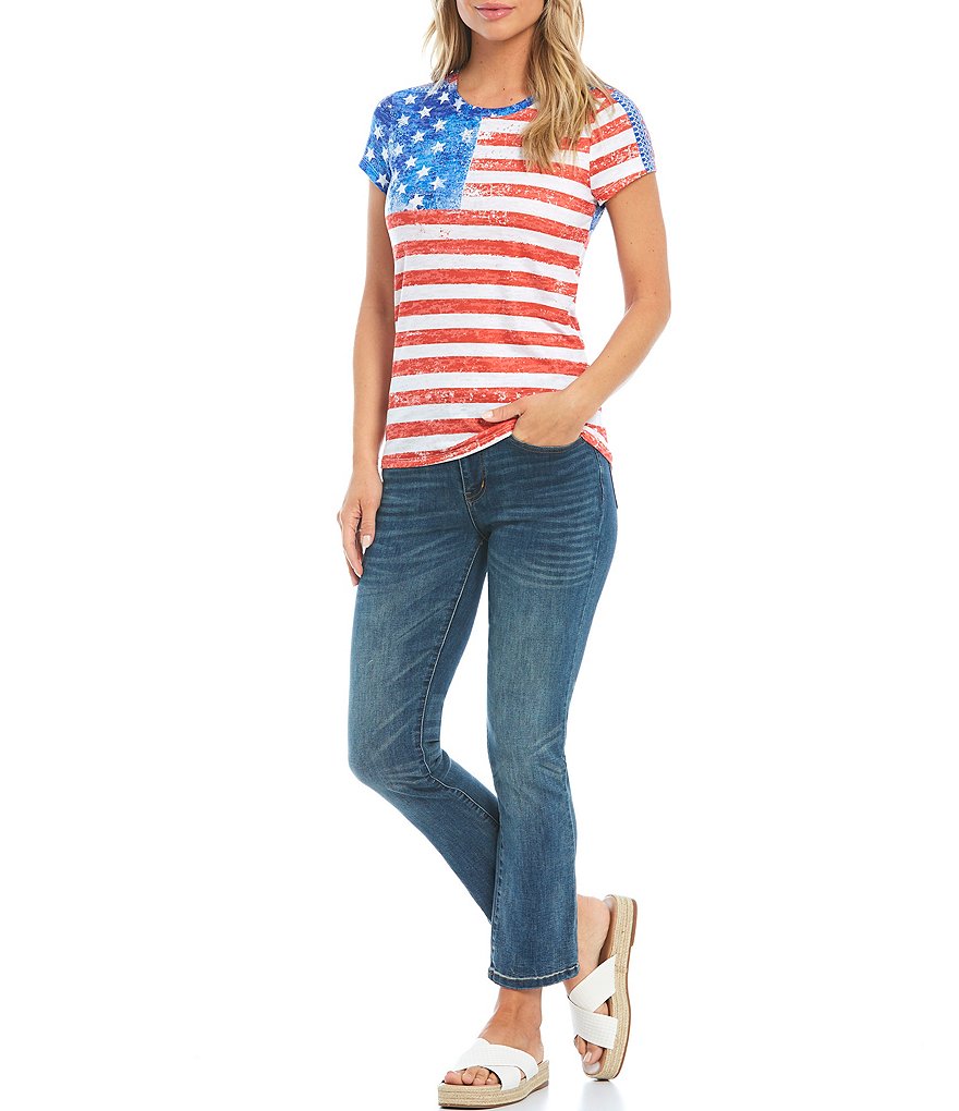 Reba Studded American Flag Jewel Neck Short Sleeve Tee