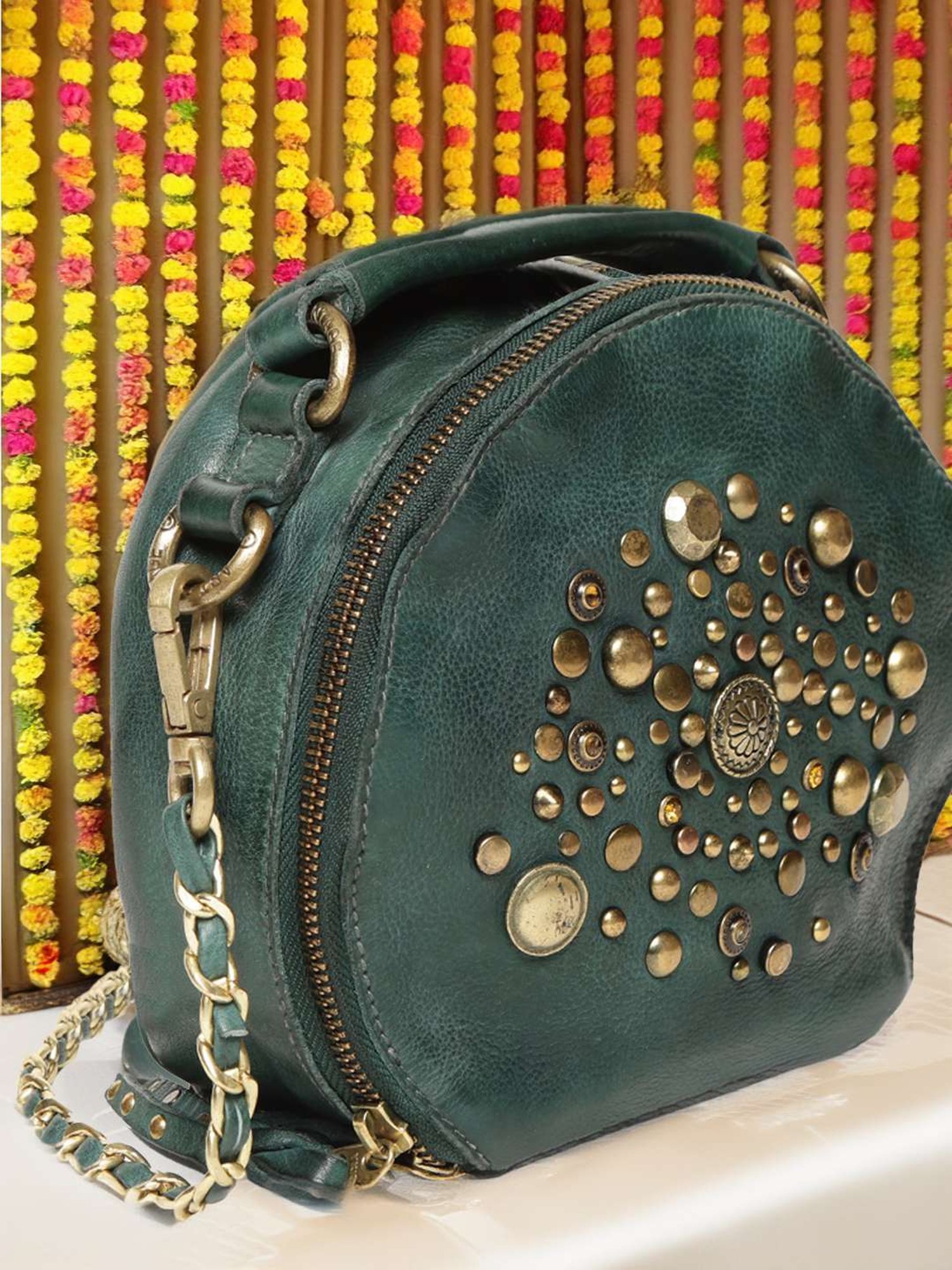 Art N Vintage Rivet & Concho Olive Leather Embellished Small Handbag