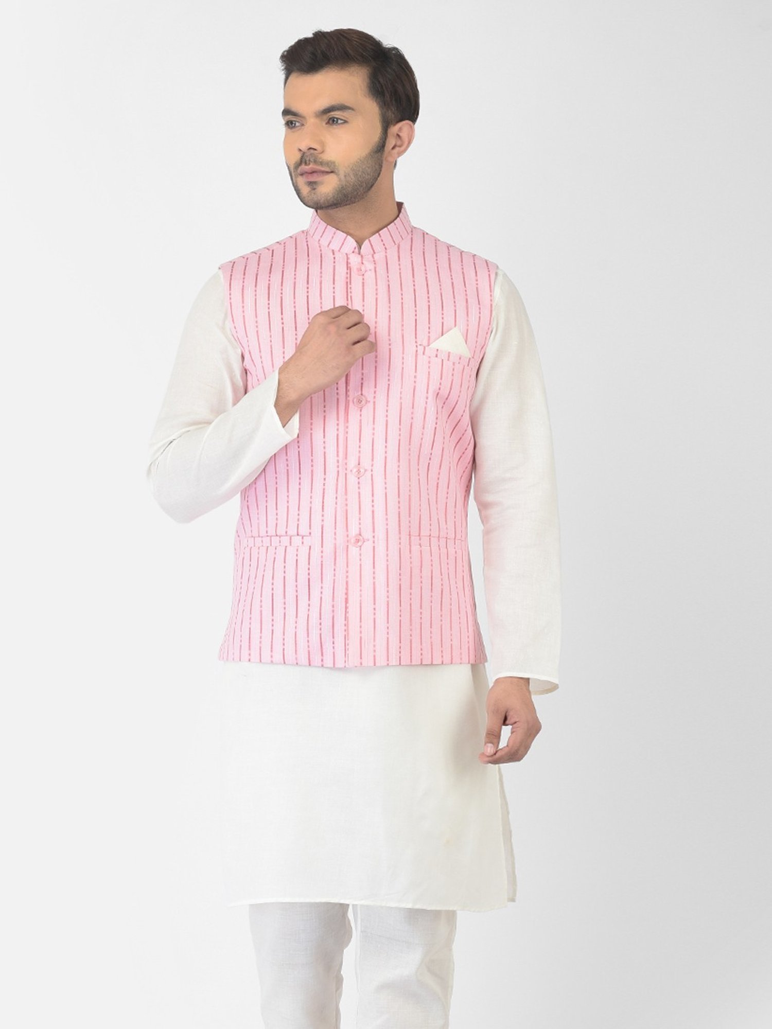 Deyann White & Pink Cotton Regular Fit Striped Kurta Set With Jacket