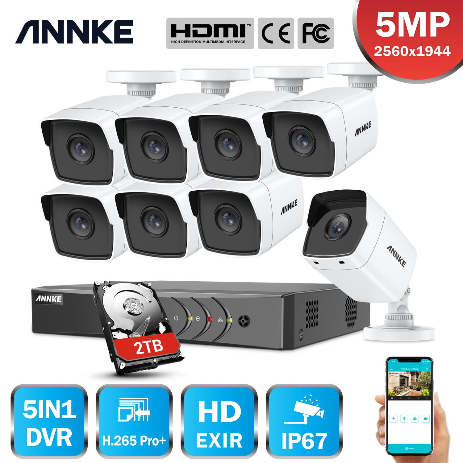 ANNKE 5MP Super HD Security Camera System with Expandable 8 Channel DVR 24/7 Record Without Internet-2TB